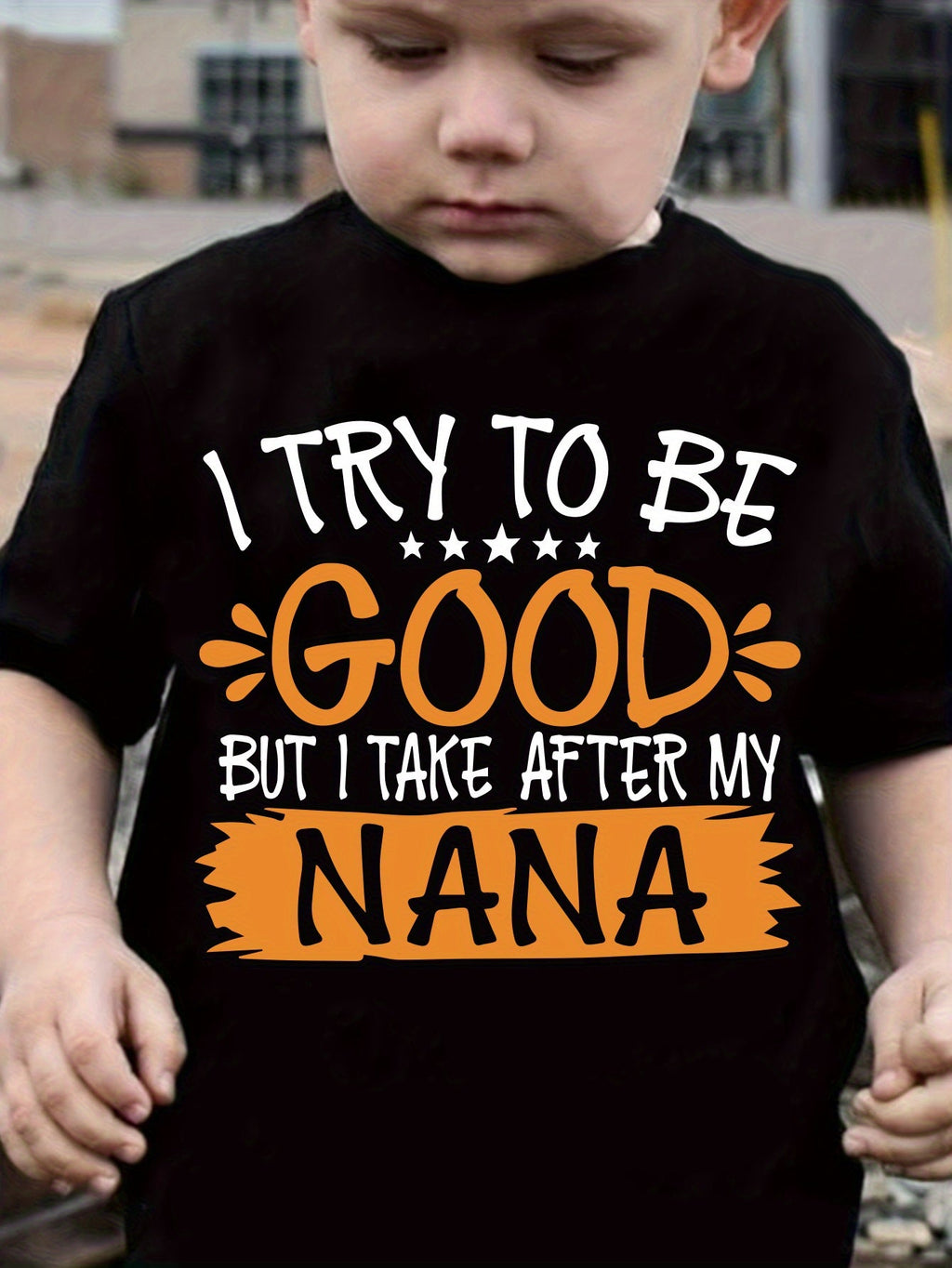 Boys' I Take After My Nana Graphic T-Shirt in Black with Orange Lettering for Casual Everyday Outfits