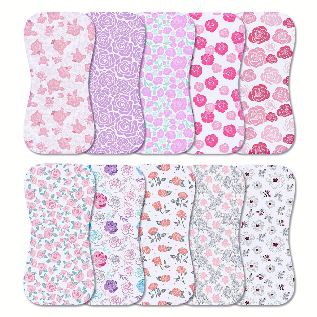 Baby Burp Cloths 10-Pack in Mixed Floral and Animal Prints with Curved Edges for Everyday Shoulder Coverage