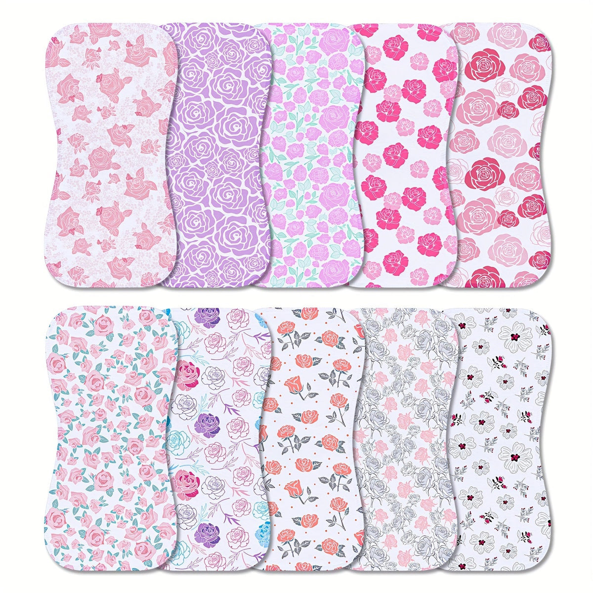 Baby Burp Cloths 10-Pack in Mixed Floral and Animal Prints with Curved Edges for Everyday Shoulder Coverage