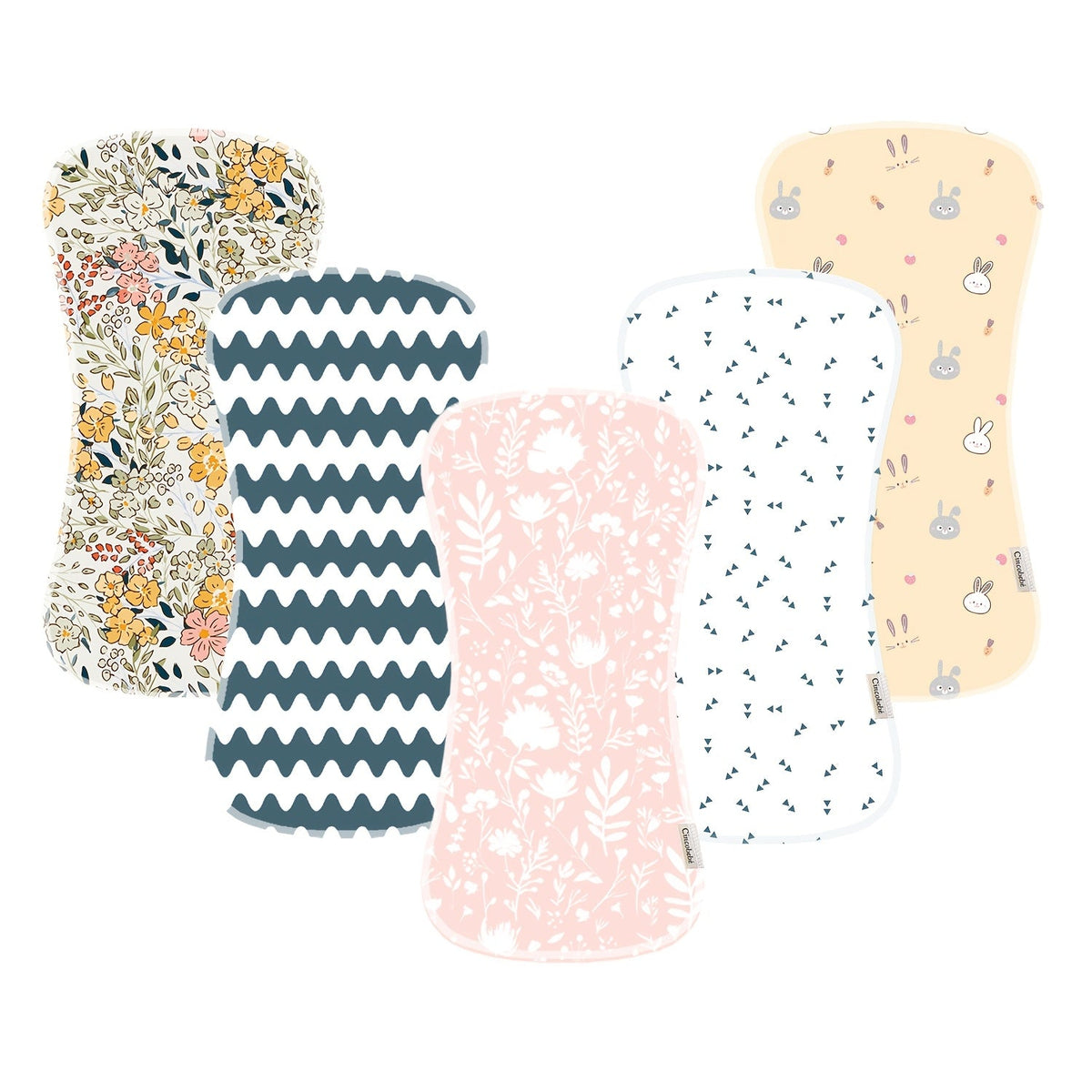 Baby Printed Burp Cloths 5-Pack with Contoured Edges and Mixed Patterns for Everyday Feeding and Shoulder Use