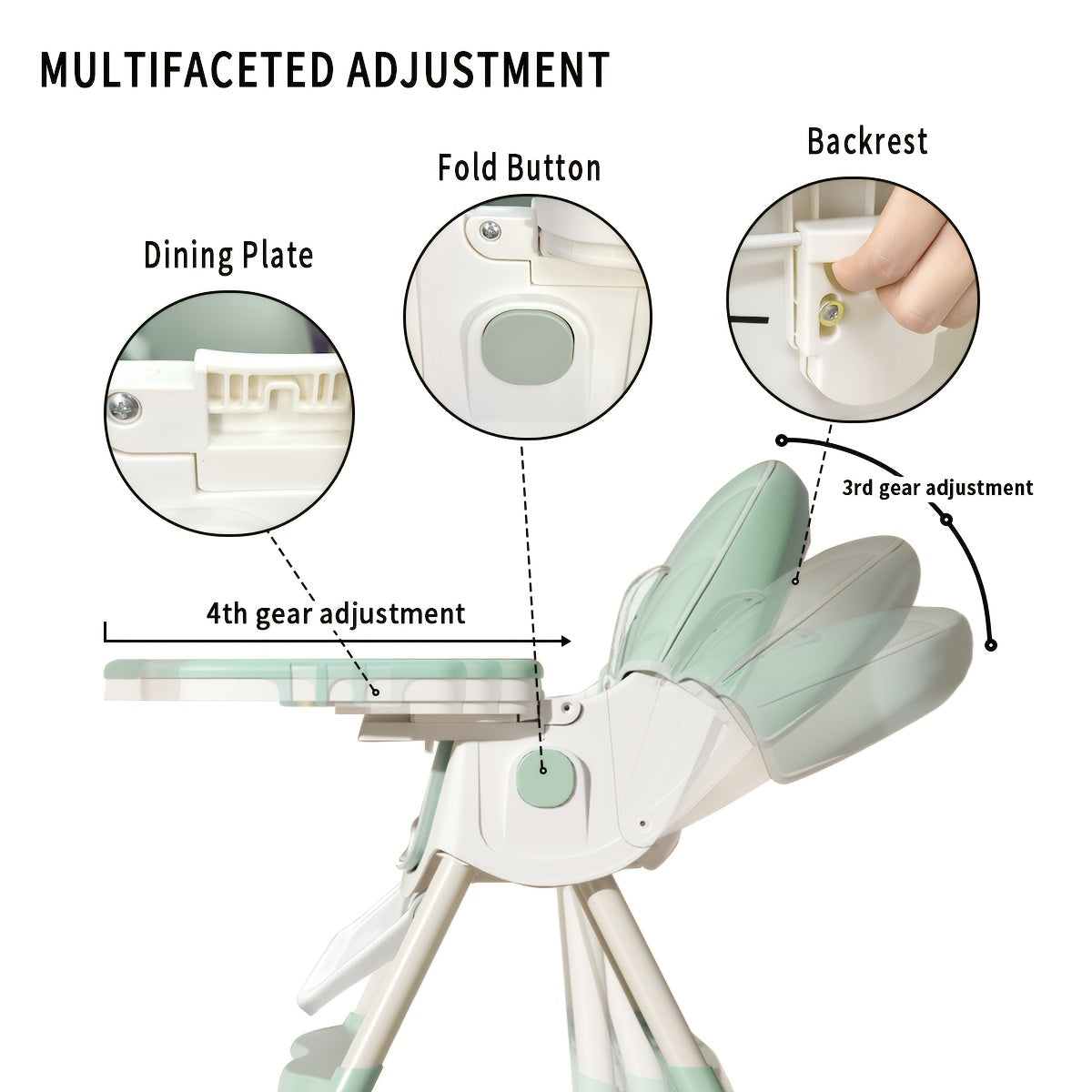 Convertible Baby High Chair for Dining and Rocking with a Folding Frame and Adjustable Reclining Backrest