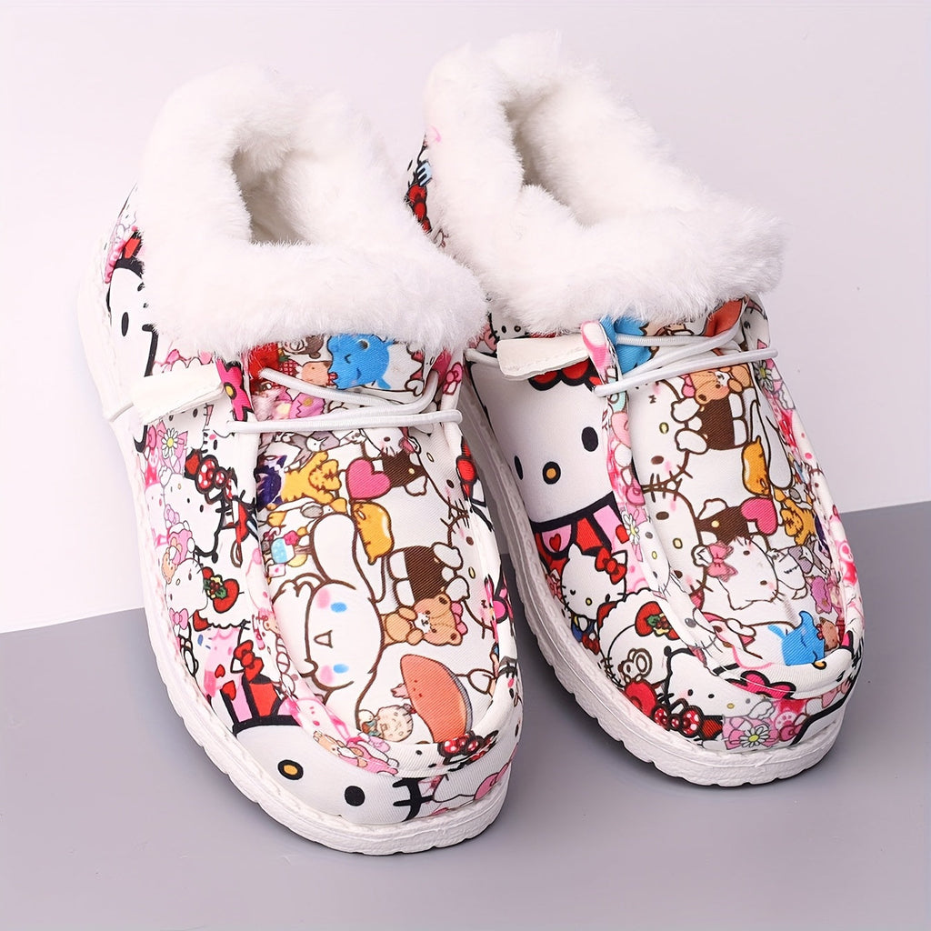 Girls' Plush Lined Casual Shoes with Colorful Cartoon Prints and White Fuzzy Collars for Everyday Outfits