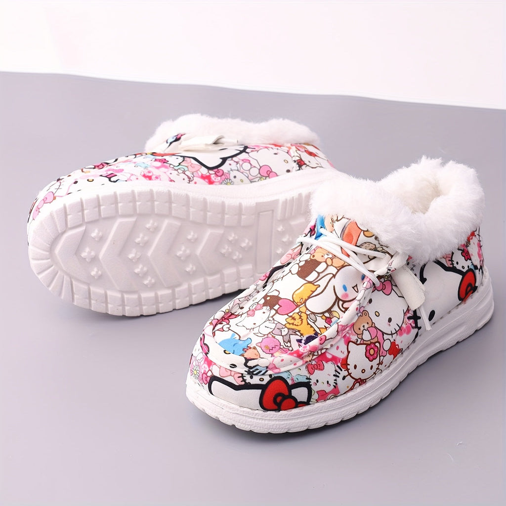 Girls' Plush Lined Casual Shoes with Colorful Cartoon Prints and White Fuzzy Collars for Everyday Outfits