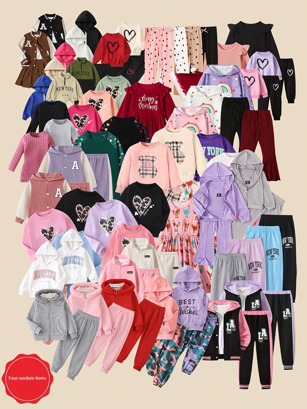 Girls' Autumn Winter Outfit Sets - 4-Set Random Print Hoodie Styles