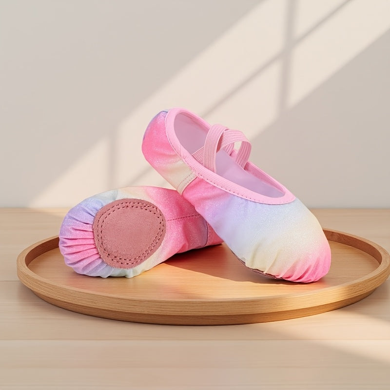 Girls' Split Sole Ballet Slippers with Crossed Elastic Straps in Shimmery and Pastel Rainbow Styles