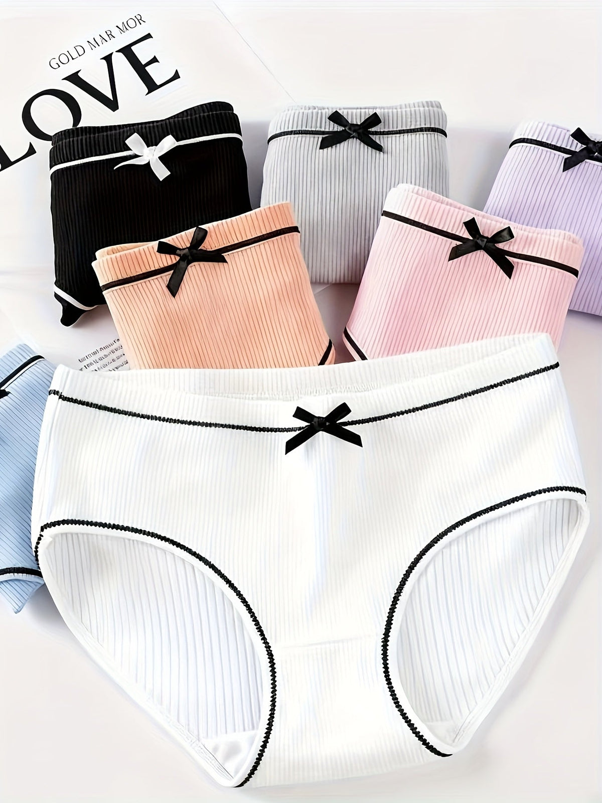 Girls' Ribbed Bow Briefs in a Twelve Piece Mixed Color Pack with Contrast Trim for Daily Underwear