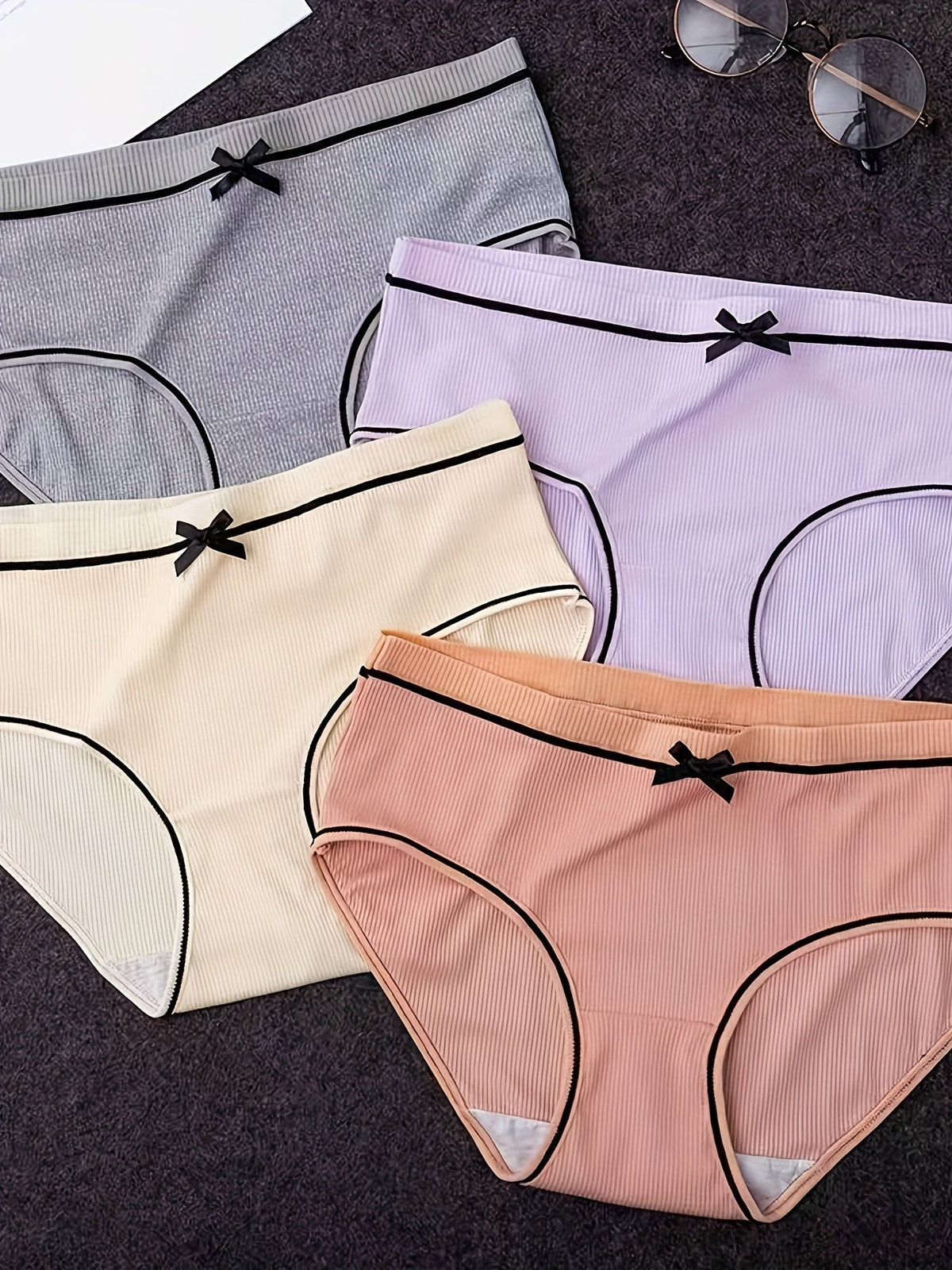 Girls' Ribbed Bow Briefs in a Twelve Piece Mixed Color Pack with Contrast Trim for Daily Underwear