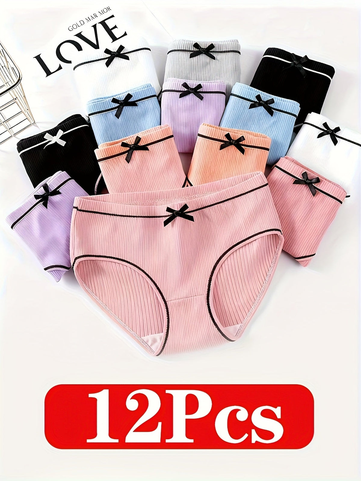 Girls' Ribbed Bow Briefs in a Twelve Piece Mixed Color Pack with Contrast Trim for Daily Underwear