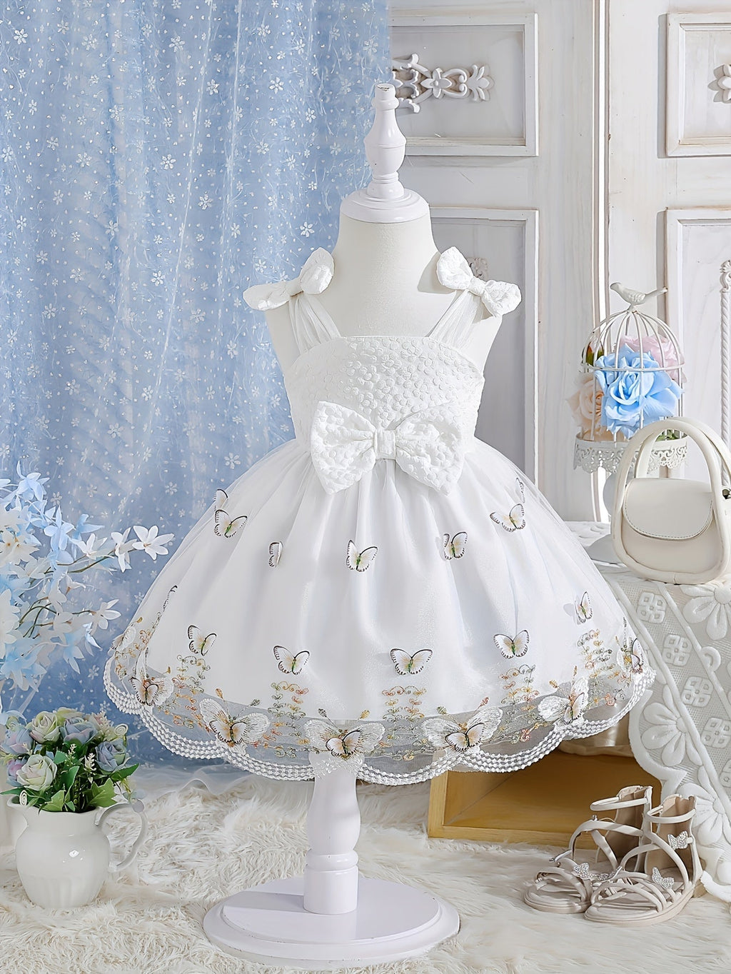 Girls' Sleeveless Party Dress with Shoulder Bows and Floral Mesh Skirt for Weddings and Celebrations