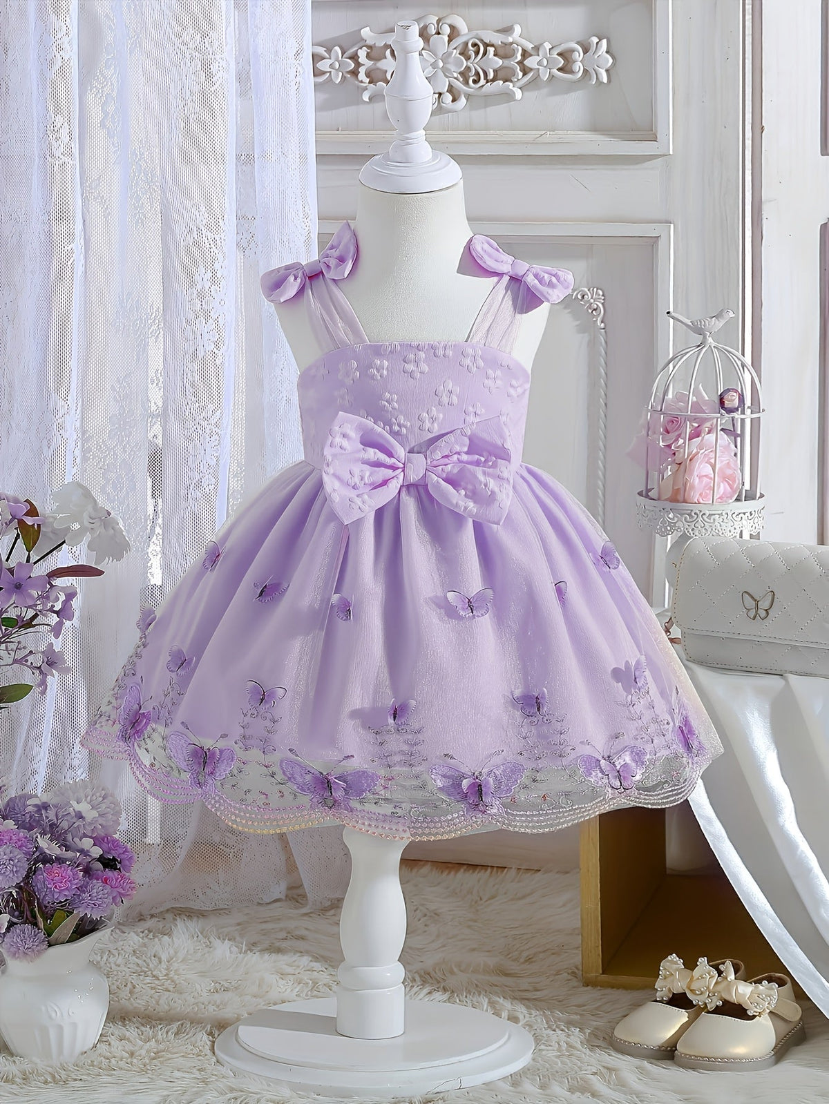 Girls' Sleeveless Party Dress with Shoulder Bows and Floral Mesh Skirt for Weddings and Celebrations