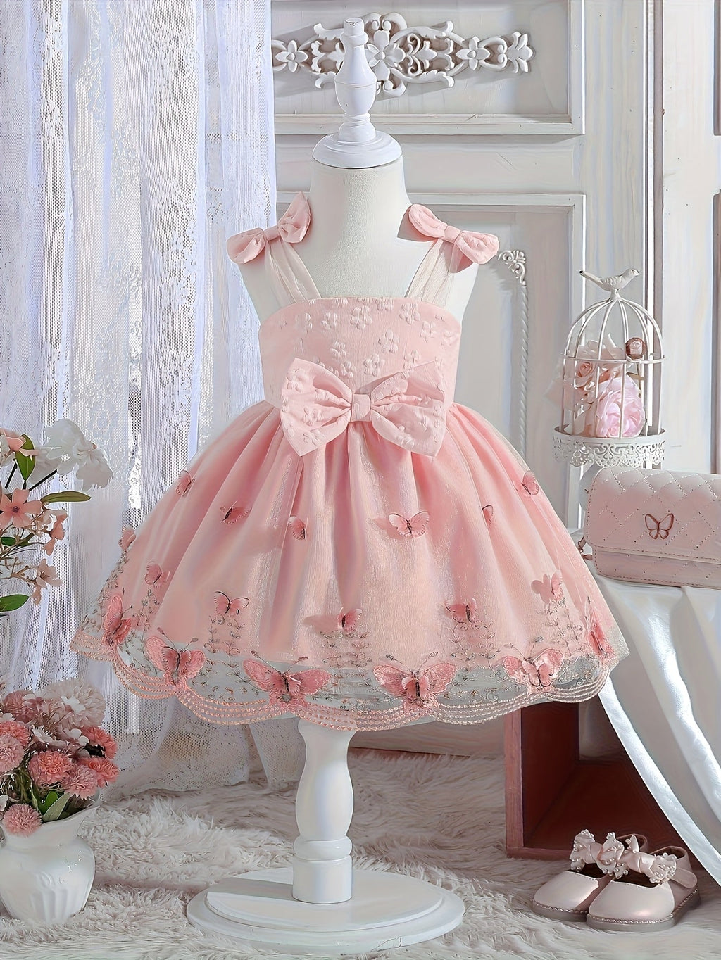 Girls' Sleeveless Party Dress with Shoulder Bows and Floral Mesh Skirt for Weddings and Celebrations