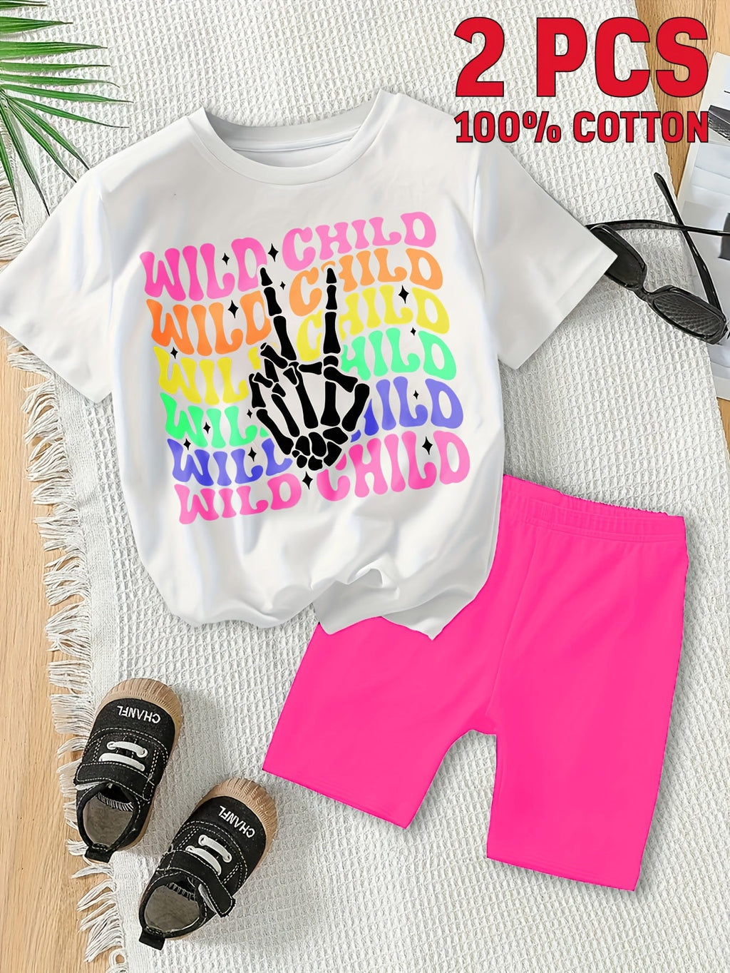 Girls' Wild Child Graphic T-Shirt and Shorts Set in Cotton with Rainbow Lettering and Pink Shorts
