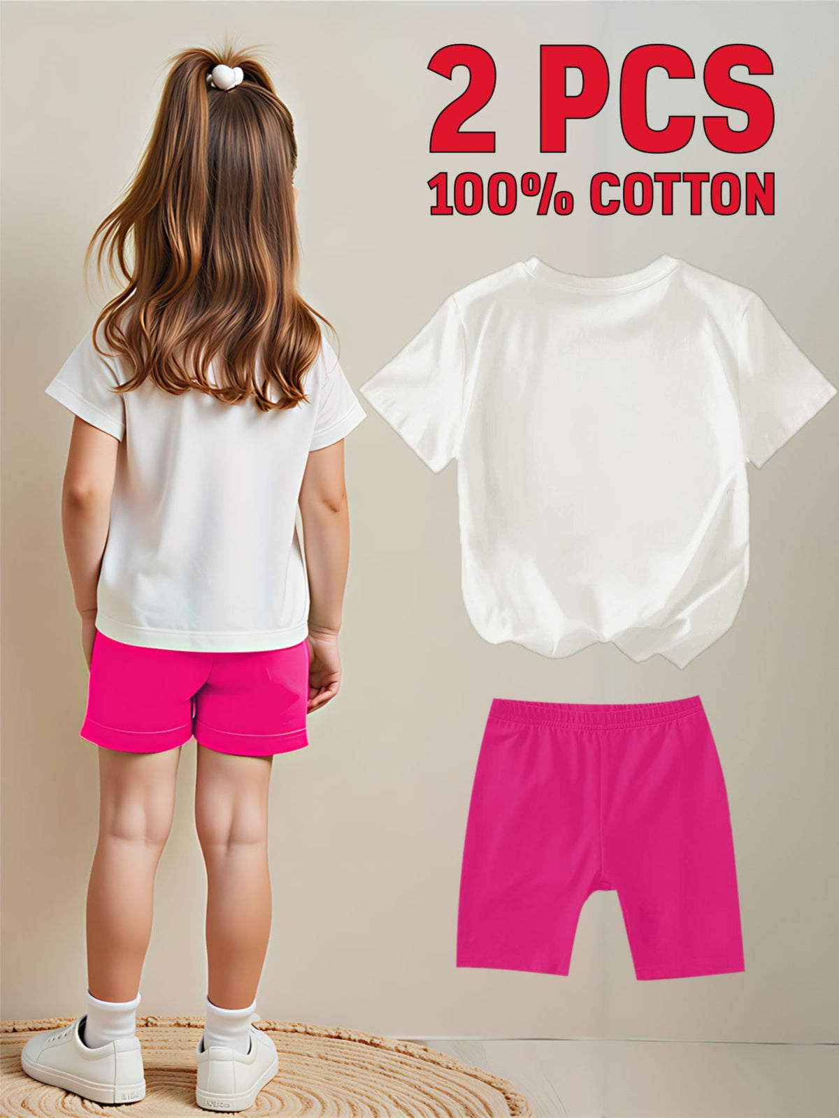 Girls' Wild Child Graphic T-Shirt and Shorts Set in Cotton with Rainbow Lettering and Pink Shorts