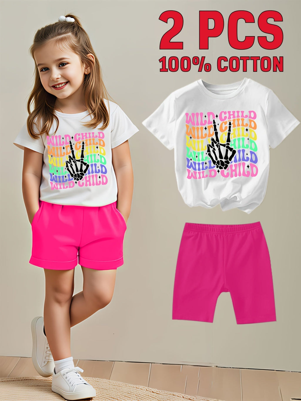 Girls' Wild Child Graphic T-Shirt and Shorts Set in Cotton with Rainbow Lettering and Pink Shorts