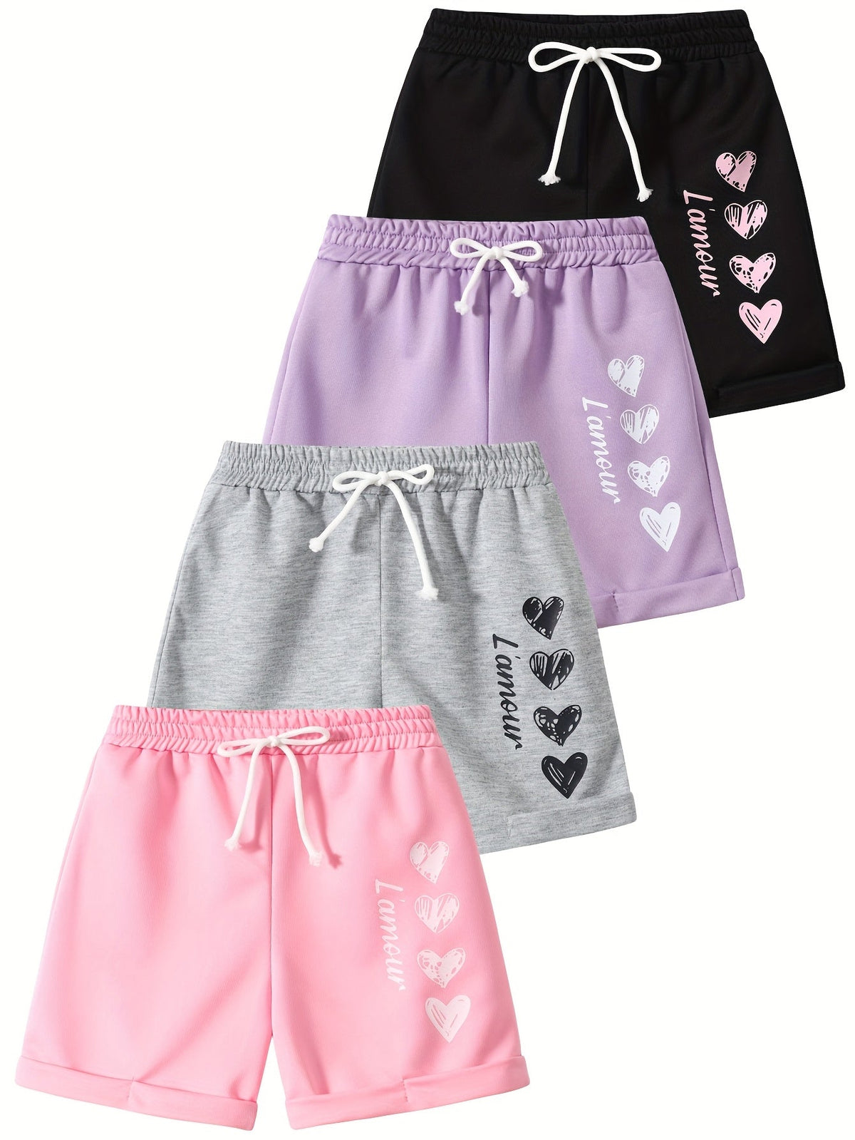 Girls' Heart Print Shorts 4-Pack with Bow Front Detail and Mixed Colors for Spring and Summer Outfits