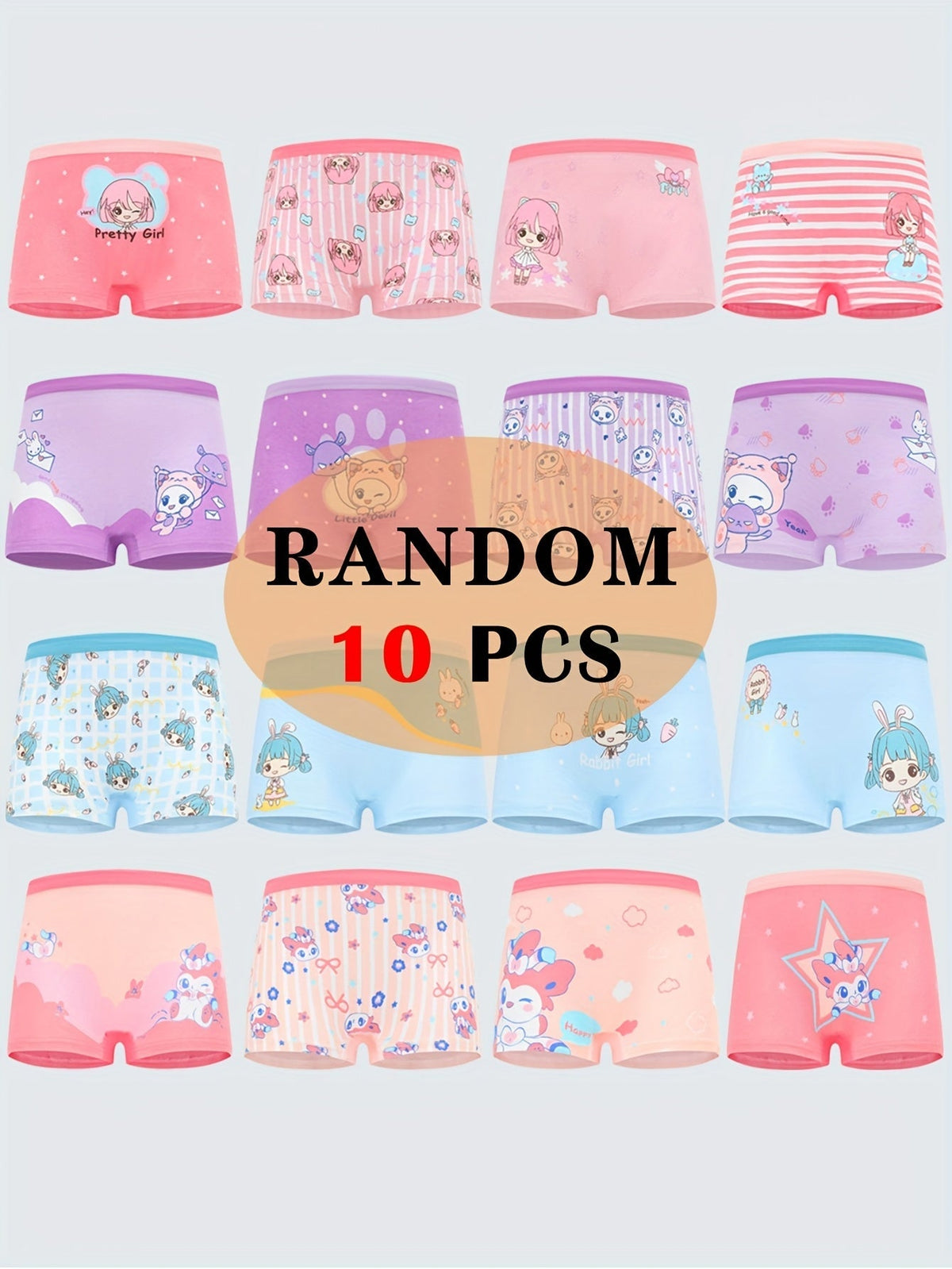 Girls' Ten-Pack Cotton Boxer Briefs in Random Cartoon Prints with Contrast Waistbands for Daily Changes