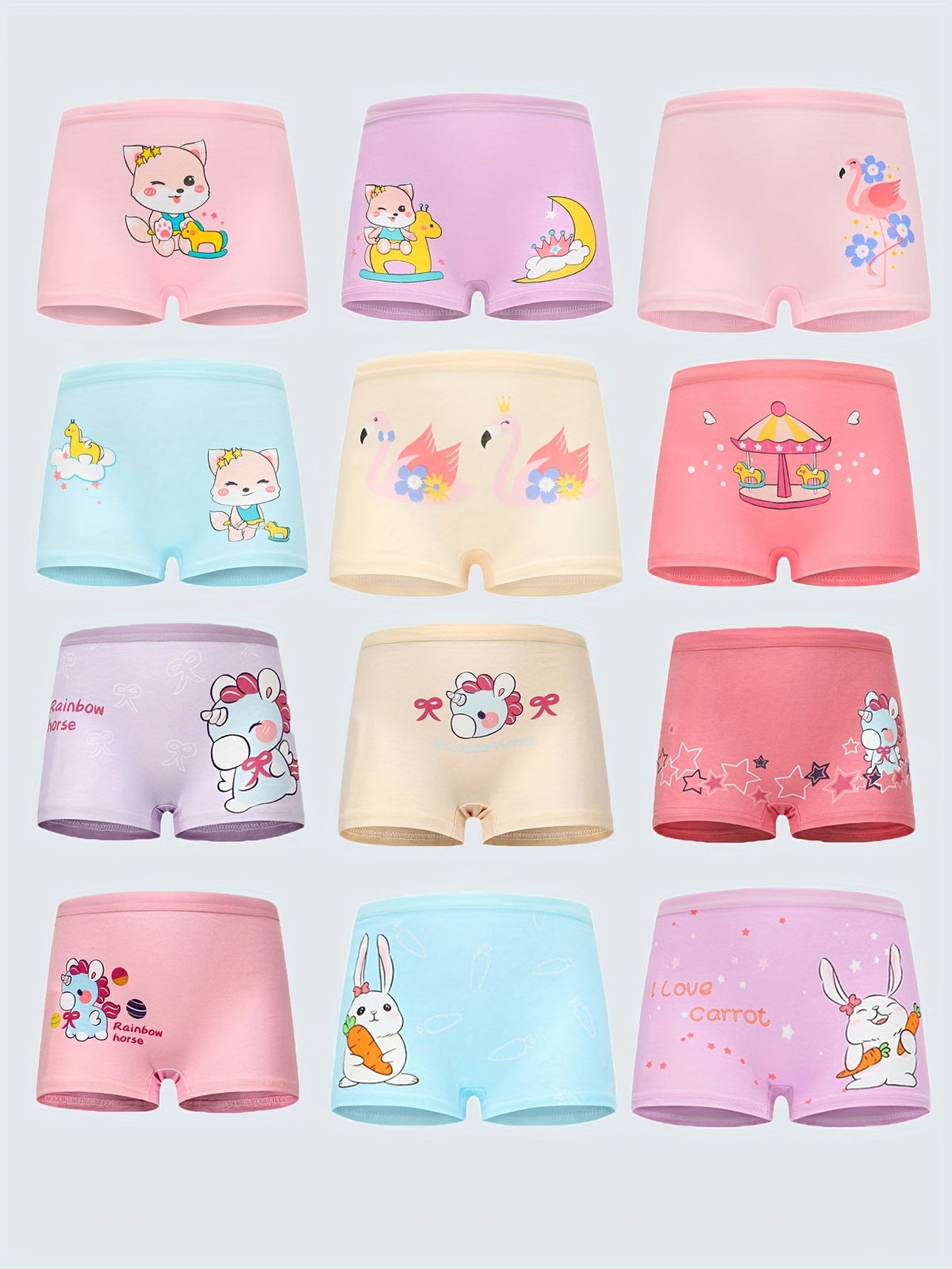 Girls' Cartoon Boxer Briefs 12-Pack in Assorted Colors with Short Legs for Everyday Underwear Changes