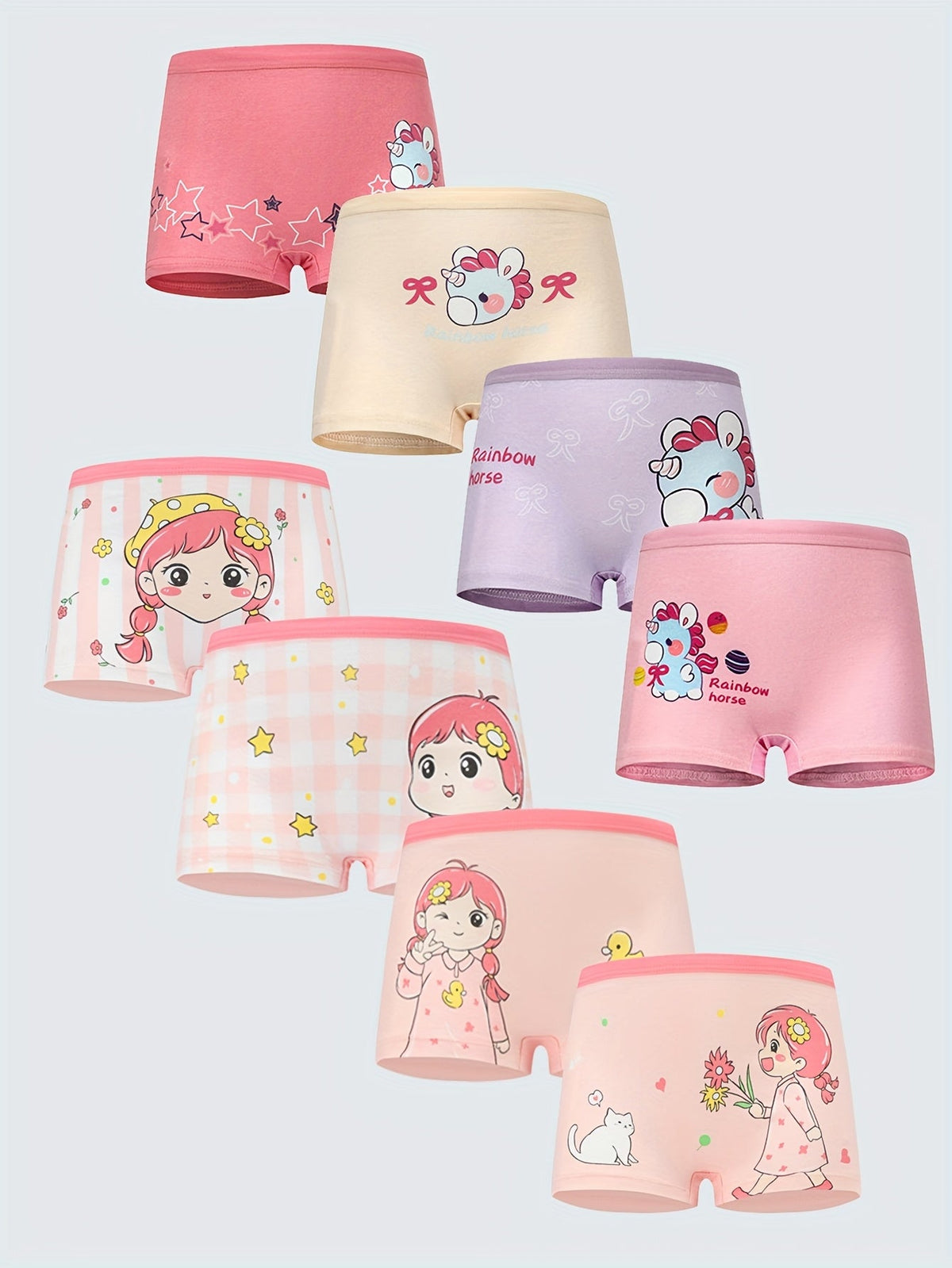 Girls' Cotton Boxer Briefs Eight Pack in Pink and Pastel Shades with Cartoon Girl and Animal Prints