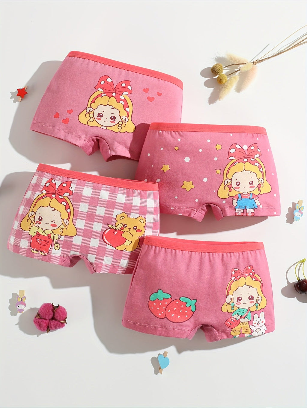 Girls' Cotton Boxer Briefs 8-Pack with Rabbit and Cartoon Girl Prints for Everyday Underwear Changes