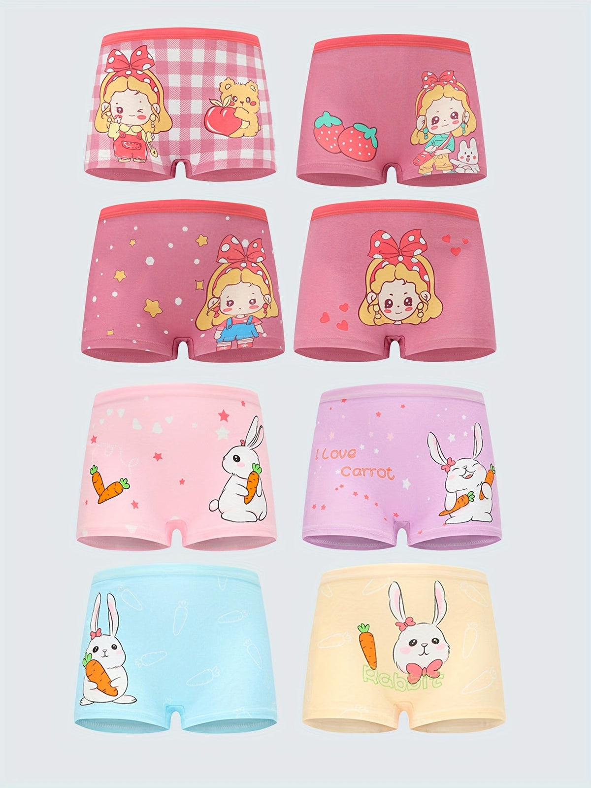 Girls' Cotton Boxer Briefs 8-Pack with Rabbit and Cartoon Girl Prints for Everyday Underwear Changes