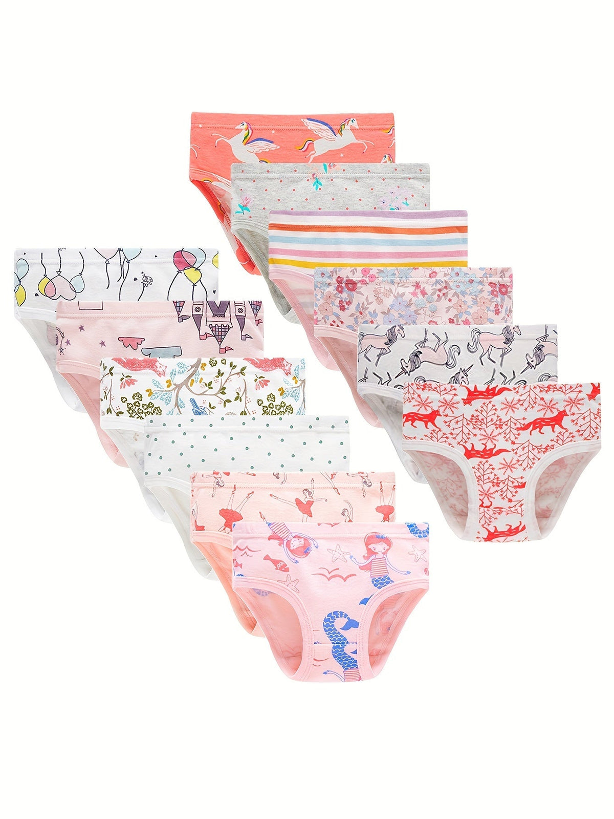 Girls' Briefs Twelve-Pack with Dolphin and Fox Prints in Mixed Colors for Everyday Underwear Changes