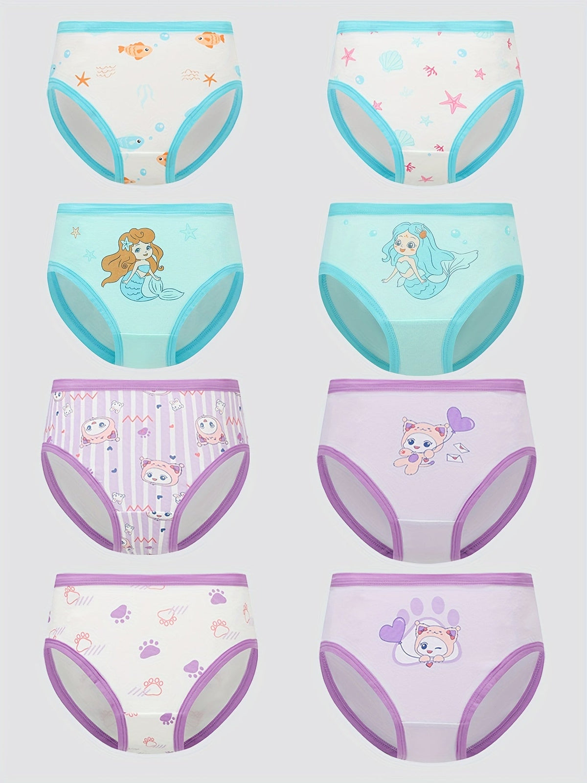 Girls' Cotton Briefs in an Eight Piece Pack with Mermaid and Cartoon Prints for Daily Underwear Changes