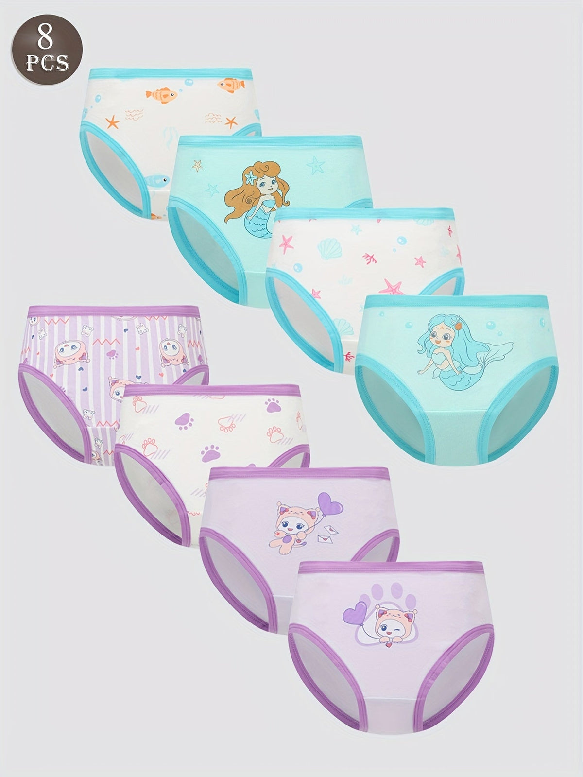 Girls' Cotton Briefs in an Eight Piece Pack with Mermaid and Cartoon Prints for Daily Underwear Changes