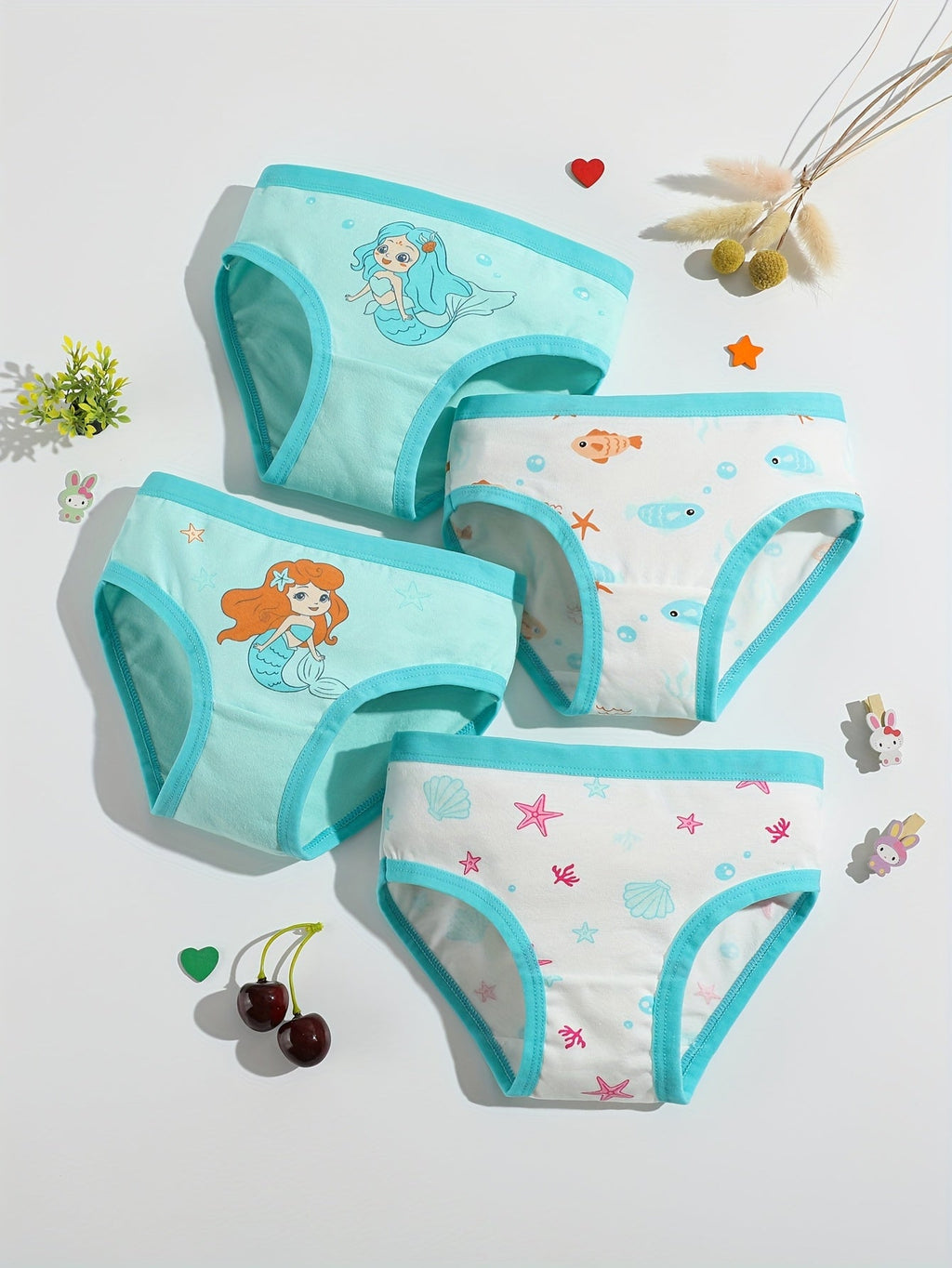 Girls' Cotton Briefs in an Eight Piece Pack with Mermaid and Cartoon Prints for Daily Underwear Changes