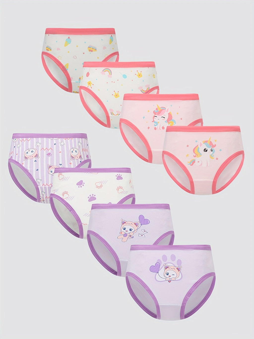 Girls' Eight-Pack Cartoon Briefs with Pink and Purple Trim in a Mixed Assortment for Everyday Changes