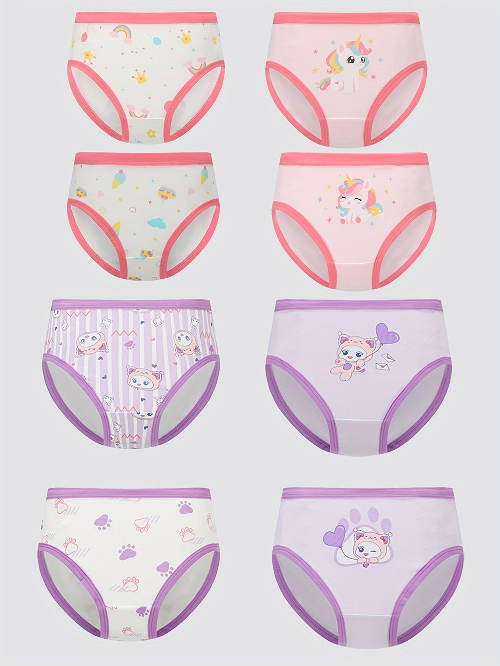 Girls' Eight-Pack Cartoon Briefs with Pink and Purple Trim in a Mixed Assortment for Everyday Changes