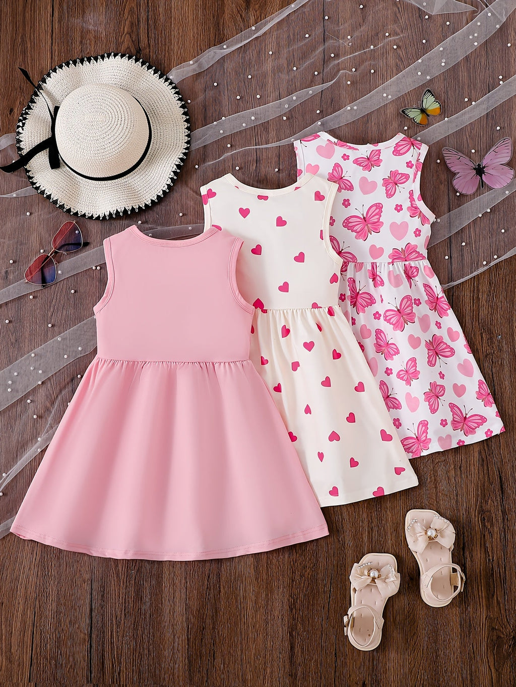 Girls' Three-Pack Sleeveless Dresses with Pink Butterfly and Heart Prints for Everyday Summer Outfits