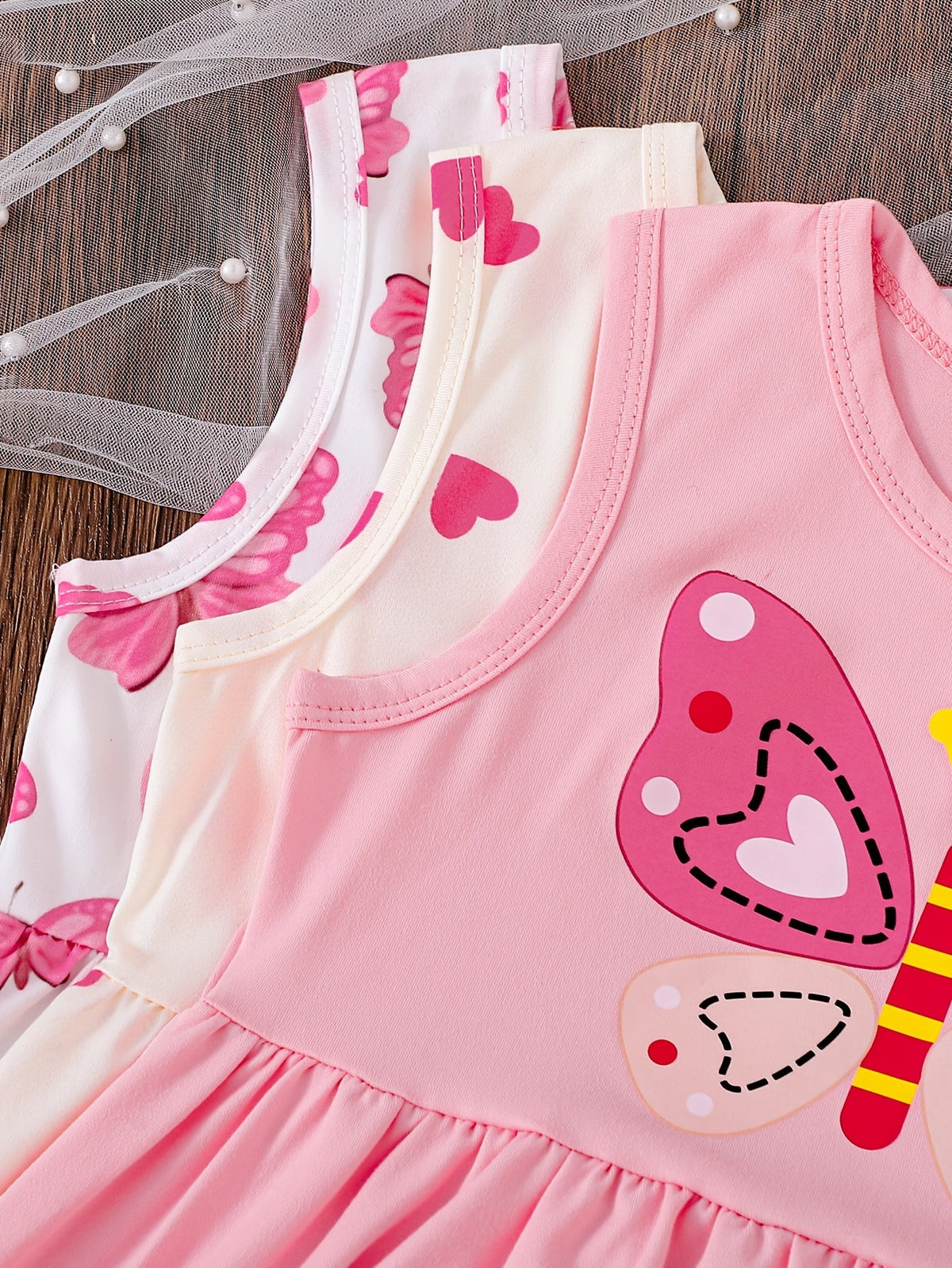 Girls' Three-Pack Sleeveless Dresses with Pink Butterfly and Heart Prints for Everyday Summer Outfits