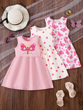 Girls' Three-Pack Sleeveless Dresses with Pink Butterfly and Heart Prints for Everyday Summer Outfits