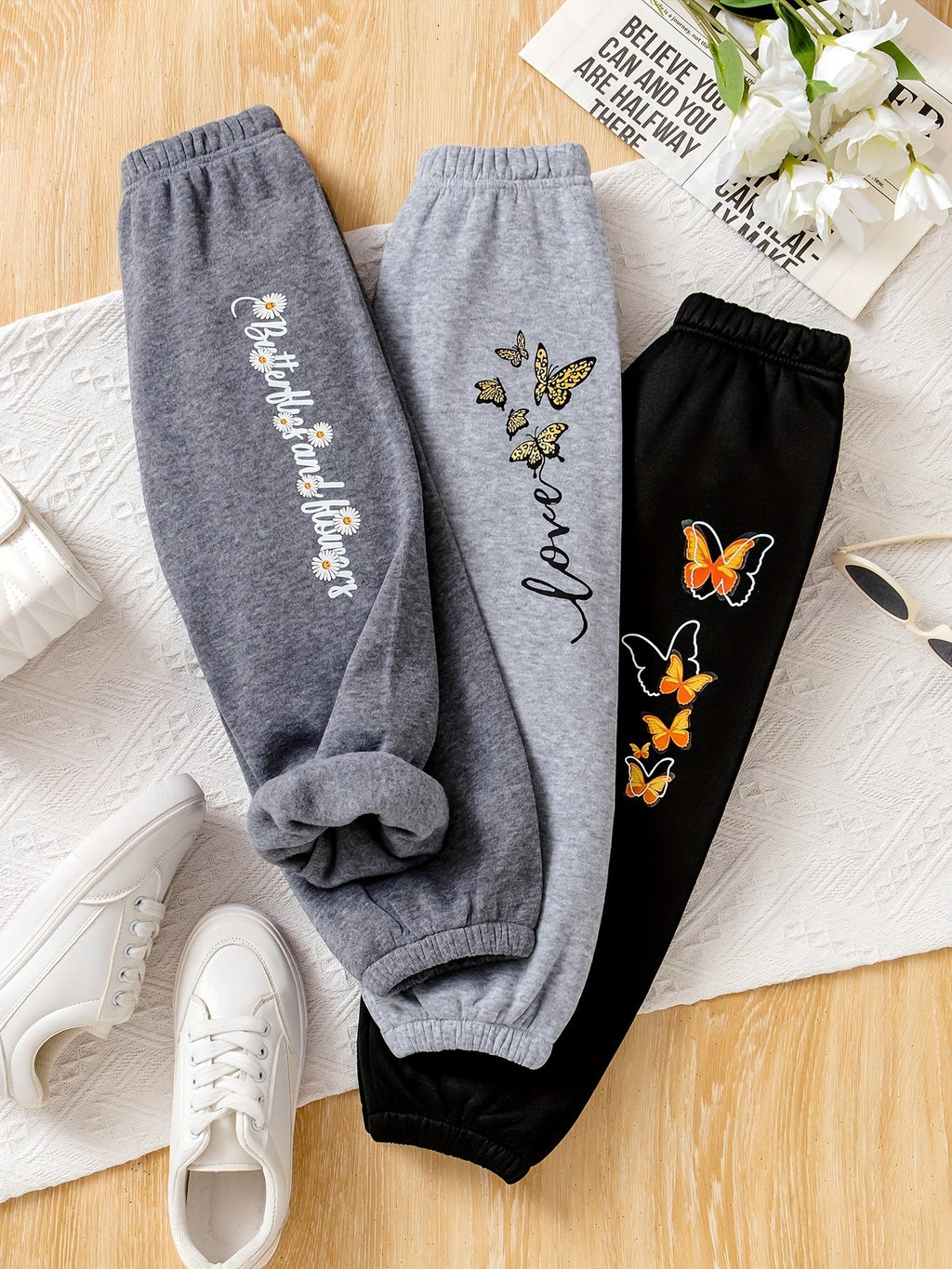 Girls' Butterfly Jogger Pants 3-Pack with Elastic Waists and Cuffed Ankles for Cooler-Weather Casual Outfits