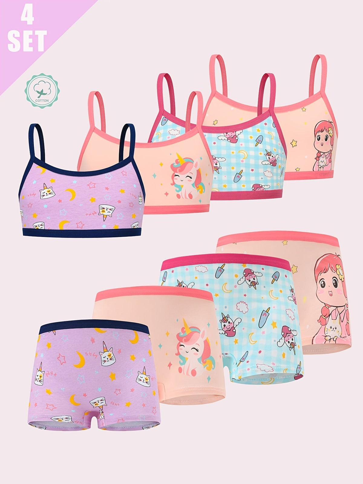 Girls' Camisole and Boxer Underwear Set with Cartoon Prints in Four Coordinating Sets and Eight Pieces