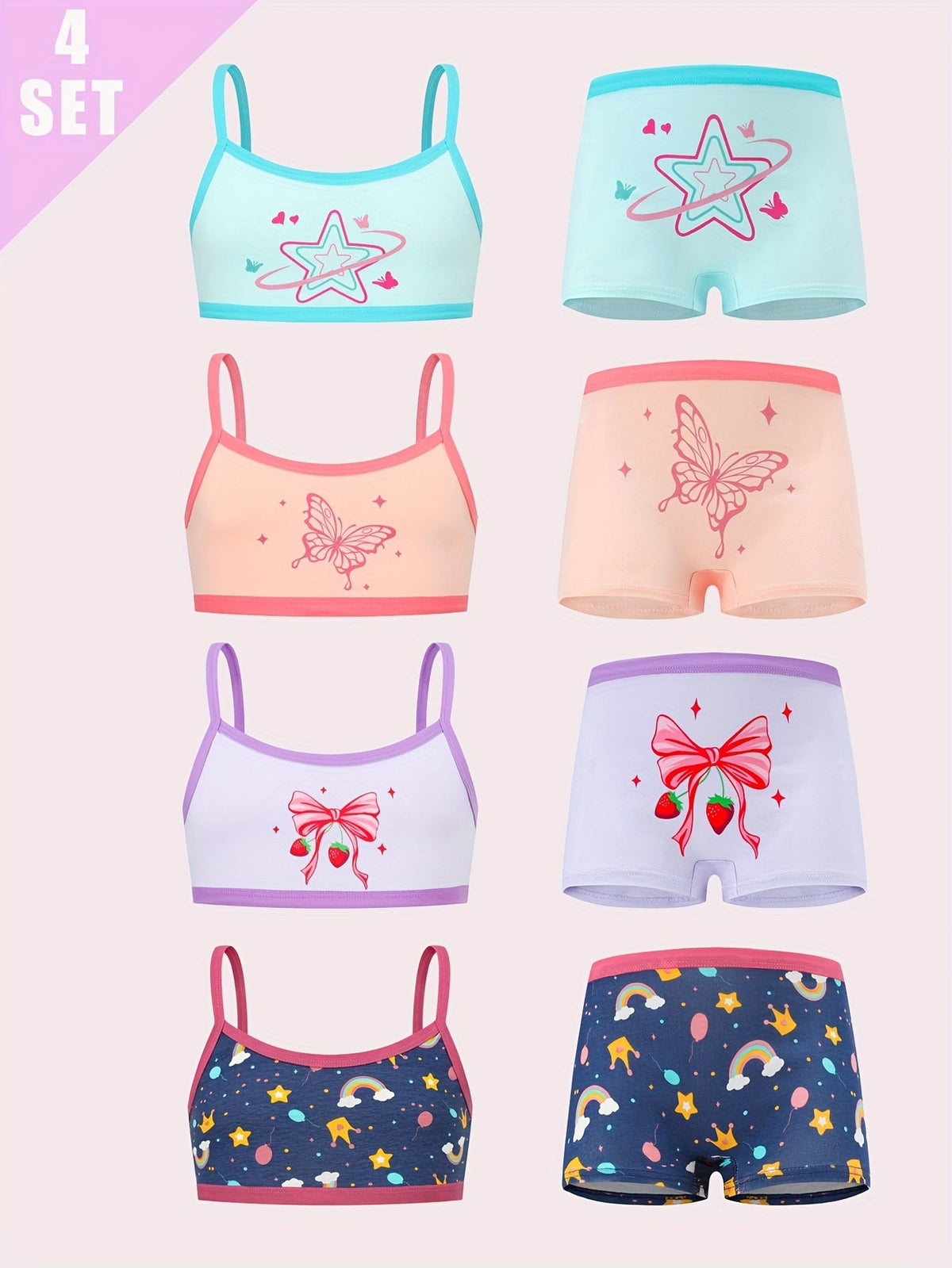 Girls' Four Camisole and Boxer Brief Sets with Butterfly and Star Prints for Everyday Underwear Changes
