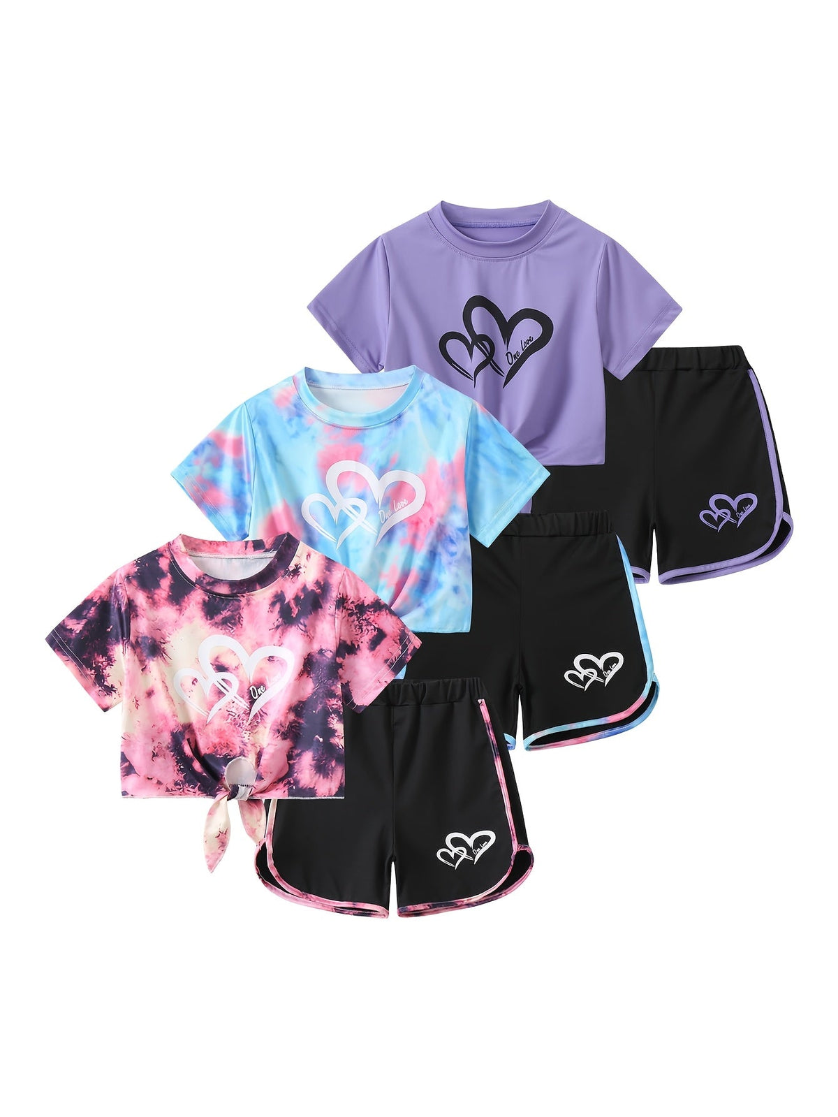 Girls' Heart Print T-Shirt and Shorts Sets 6-Piece Pack with Tie Front Tops for Summer Outfits