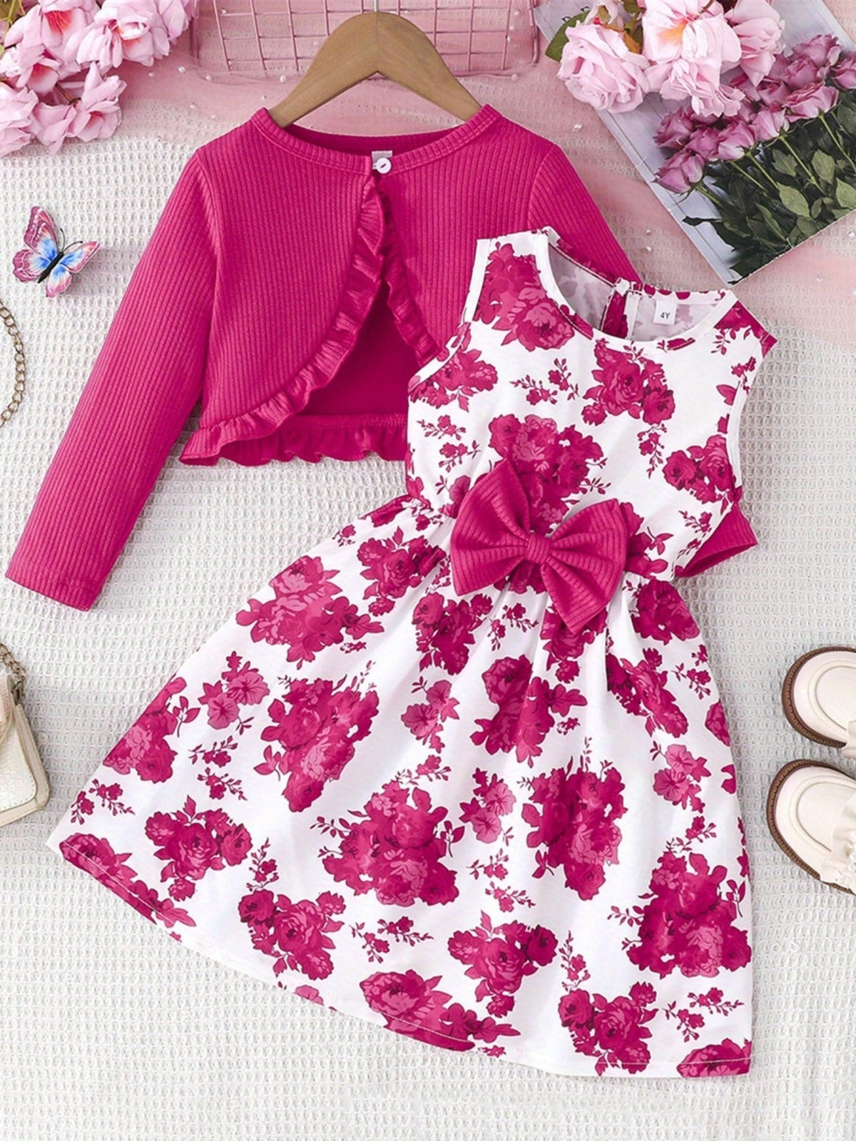 Girls' Rose Red Floral Dress and Cardigan Set with a Bow Waist and Ruffle Trim for Coordinated Outfits