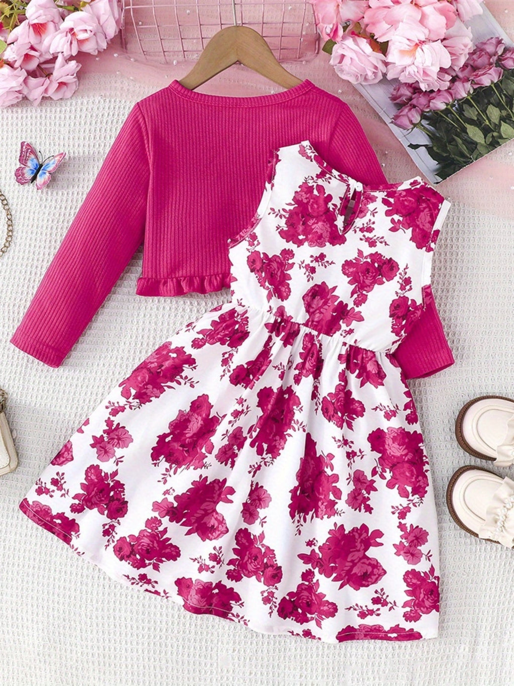 Girls' Rose Red Floral Dress and Cardigan Set with a Bow Waist and Ruffle Trim for Coordinated Outfits
