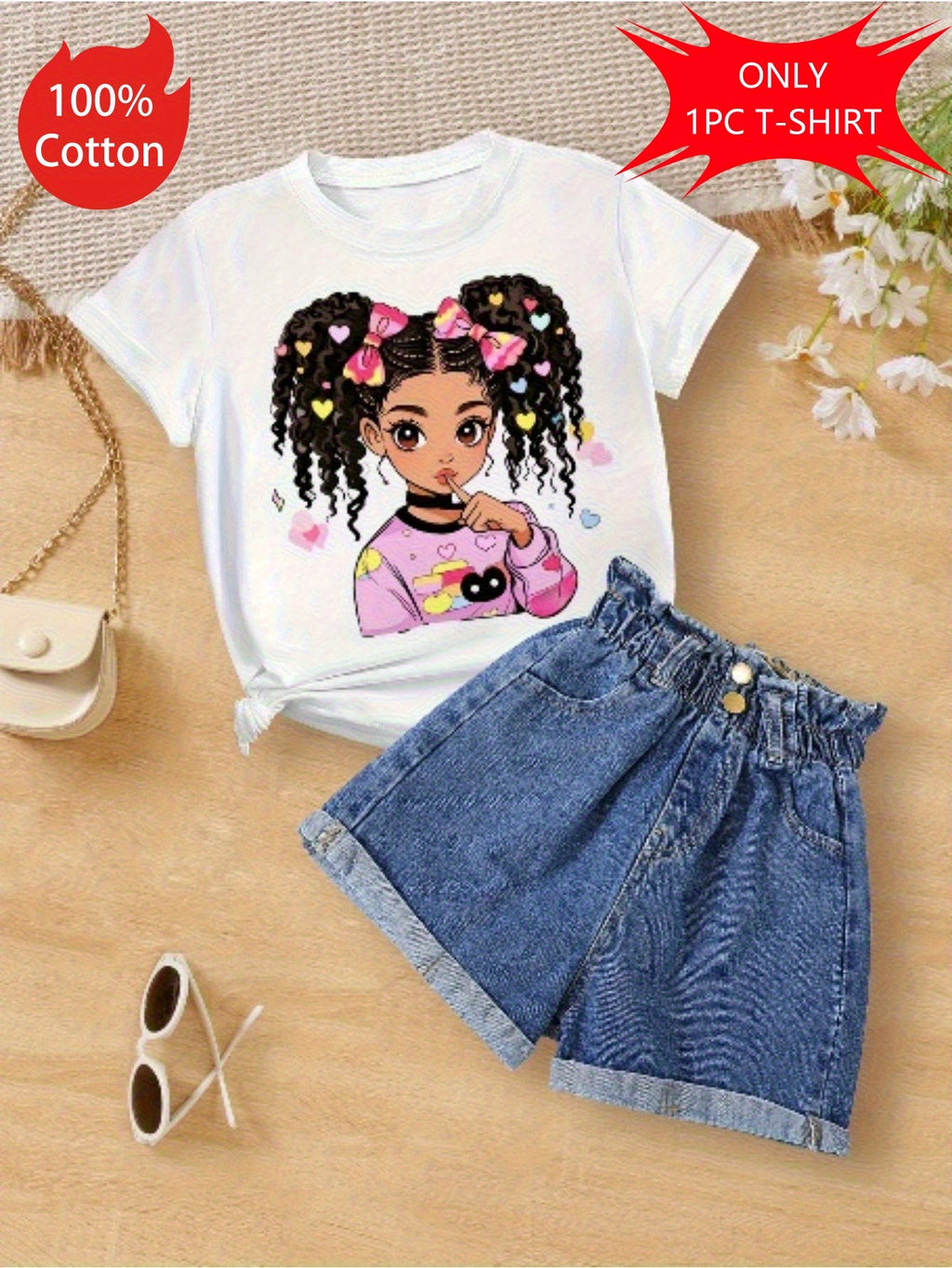 Girls' Curly Hair Cartoon T-Shirt in White Cotton with Colorful Hair Bows for Casual Summer Outfits