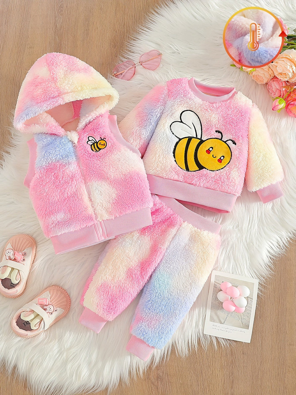 Baby Girl 3 Piece Bee Outfit Set in Plush Pastel Tie Dye with a Hooded Vest for Cooler Weather Layers