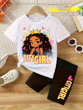 Girls' City Girl Cotton T-Shirt in White with a Crowned Cartoon Portrait for Casual Summer Outfits