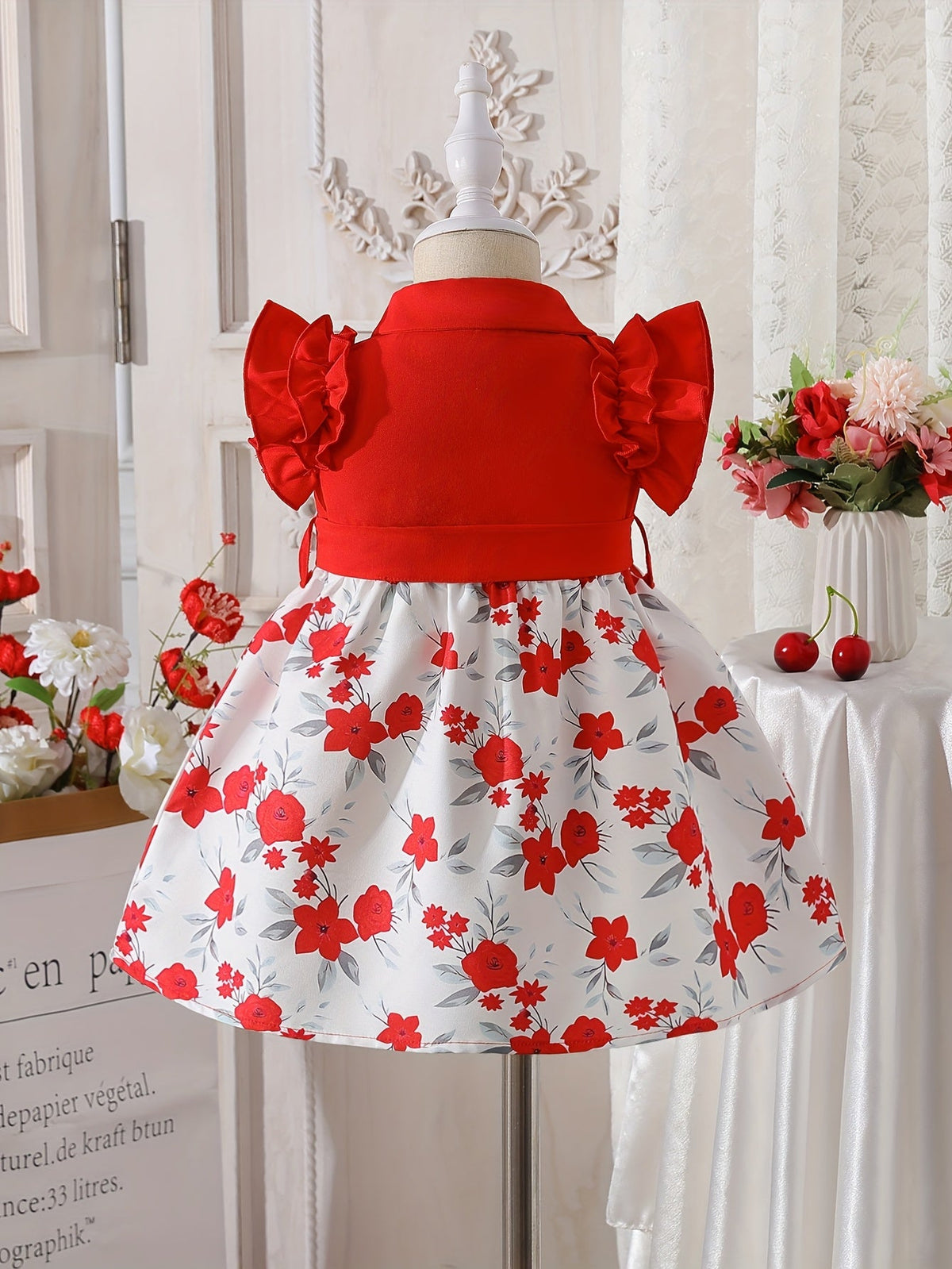 Baby Girl Floral Dress with Ruffled Sleeves and a Waist Bow in Blue or Red for Summer Celebrations