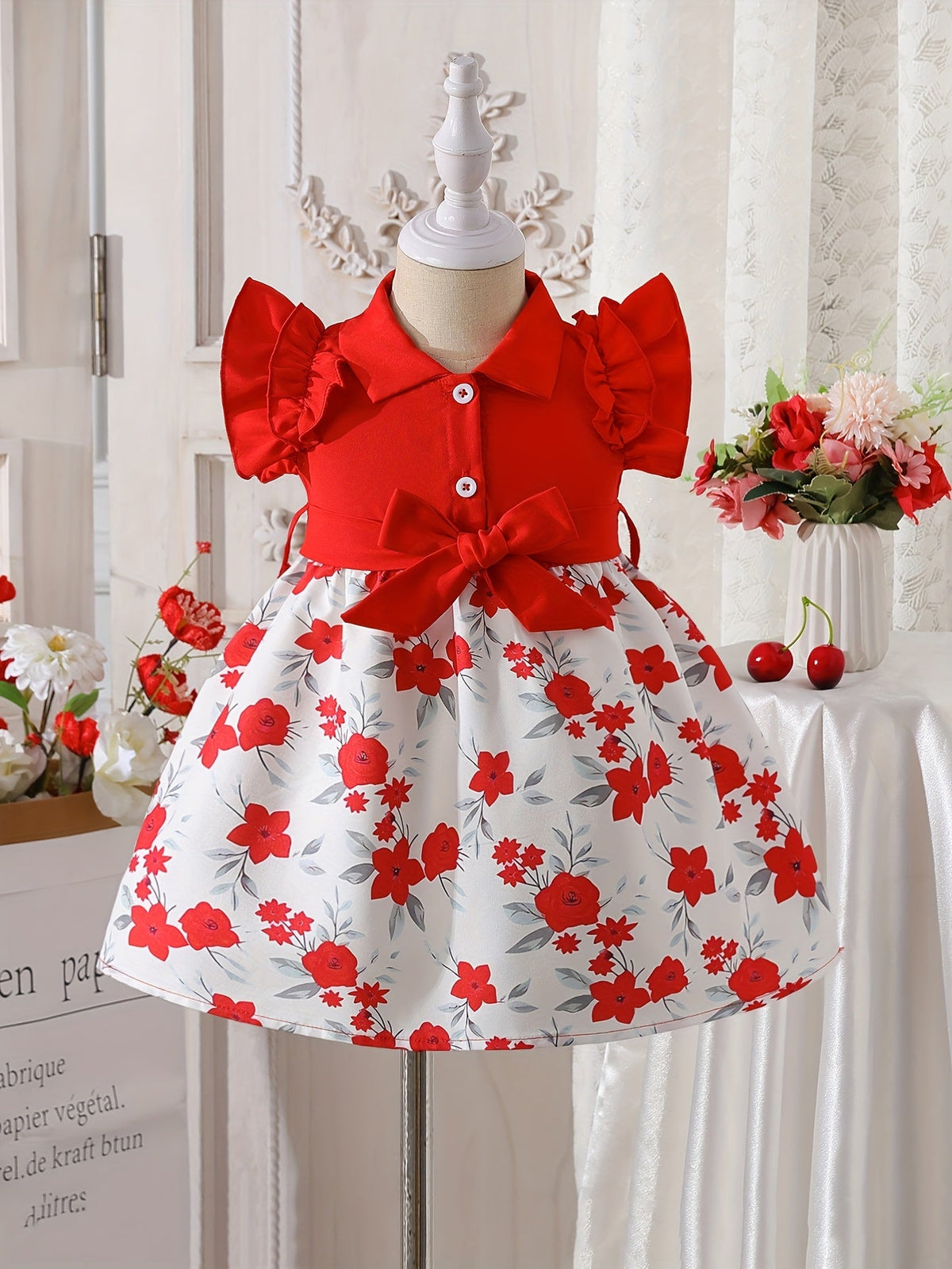 Baby Girl Floral Dress with Ruffled Sleeves and a Waist Bow in Blue or Red for Summer Celebrations