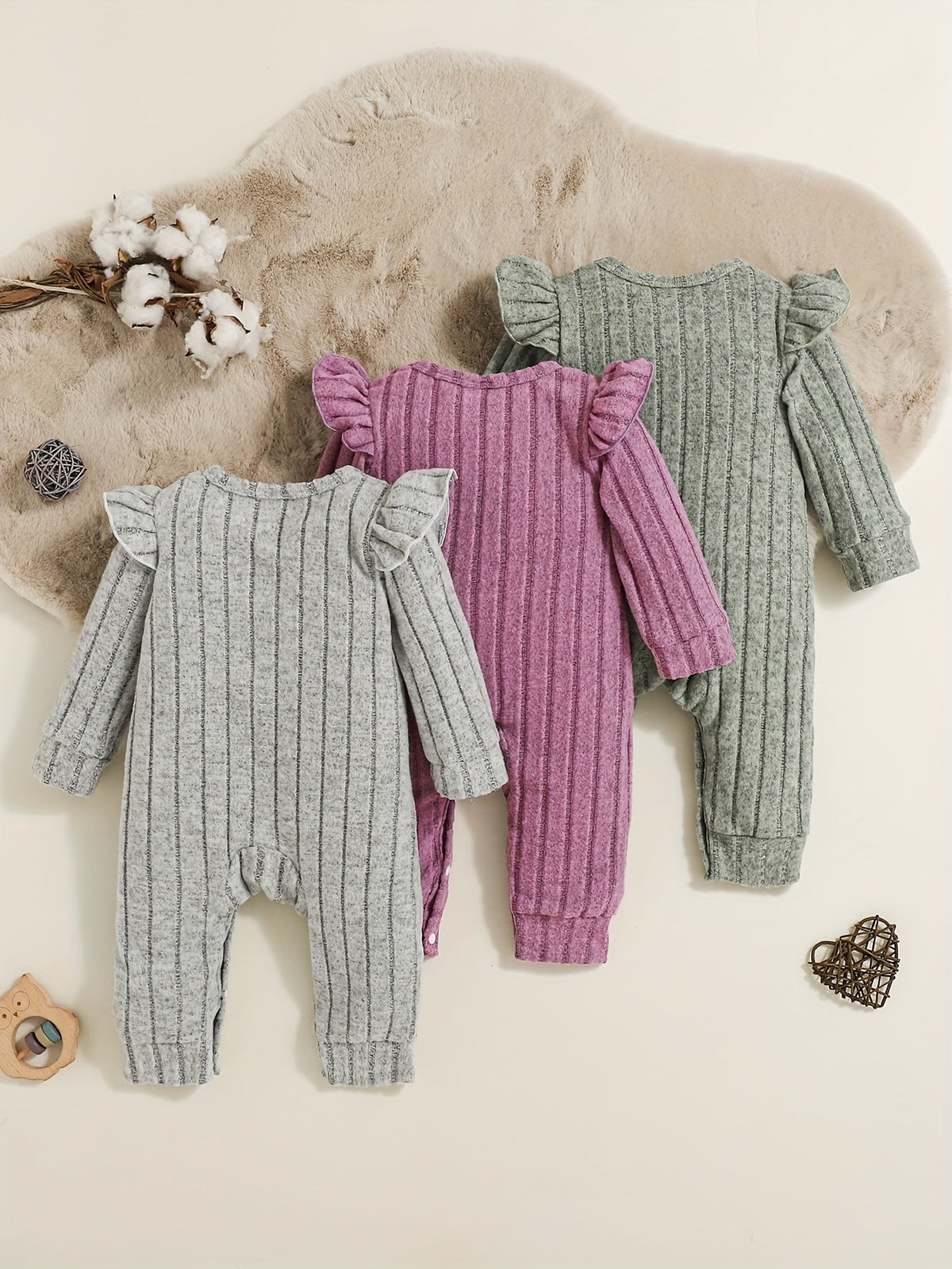 Baby Girls' Ribbed Rompers Three-Pack with Ruffled Shoulders and Long Sleeves for Coordinated Everyday Outfits