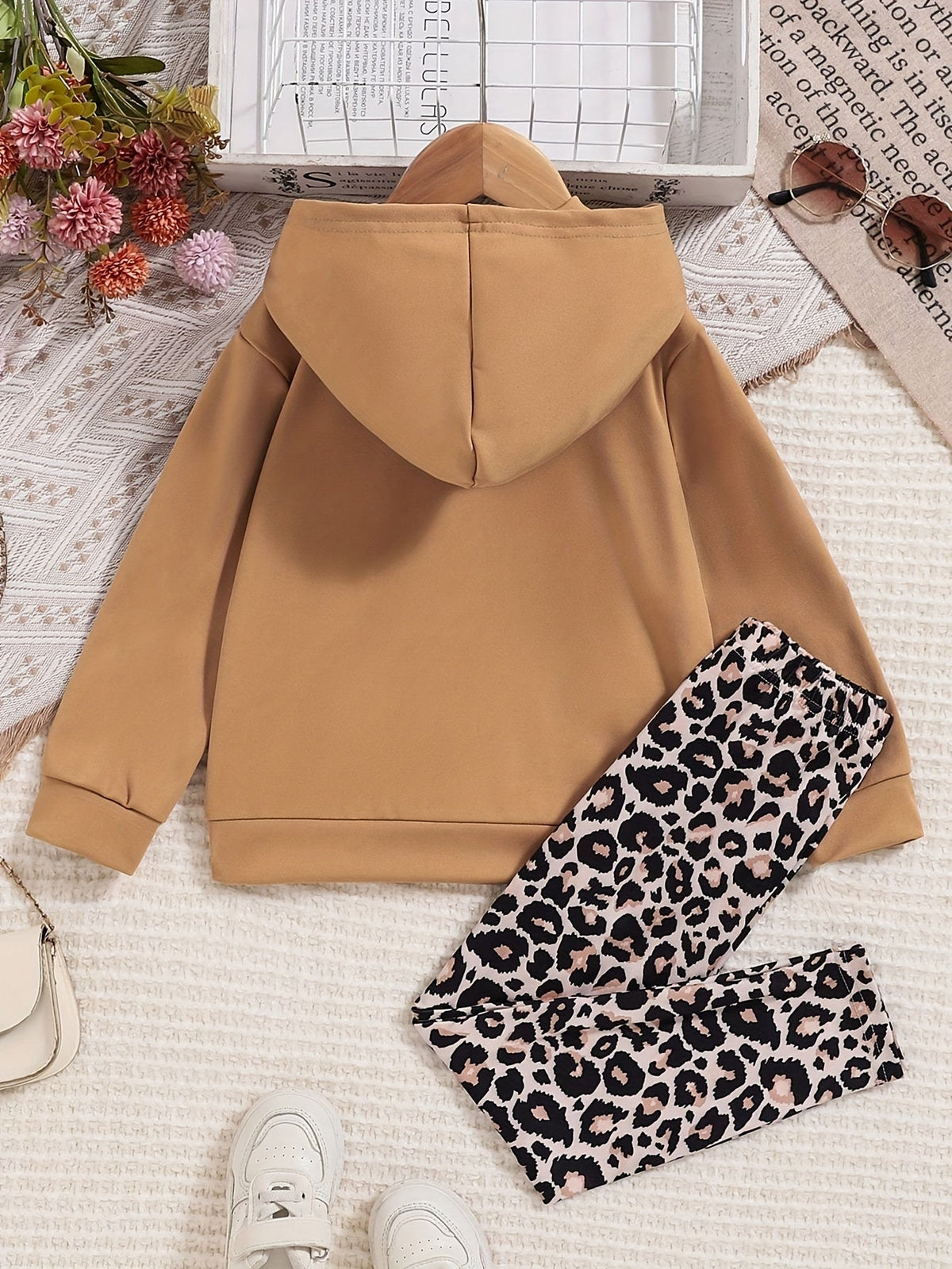 Girls' Hoodie and Pants Set with a Khaki Kidlife Graphic Top and Leopard Print Leggings for Casual Days