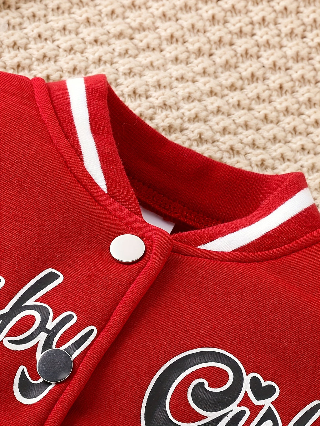 Girls' Red and White Varsity Jacket and Pleated Skirt Set with Baby Girl Lettering and Striped Trim