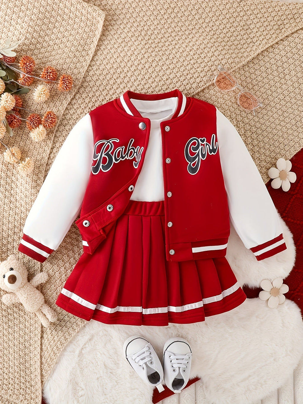Girls' Red and White Varsity Jacket and Pleated Skirt Set with Baby Girl Lettering and Striped Trim