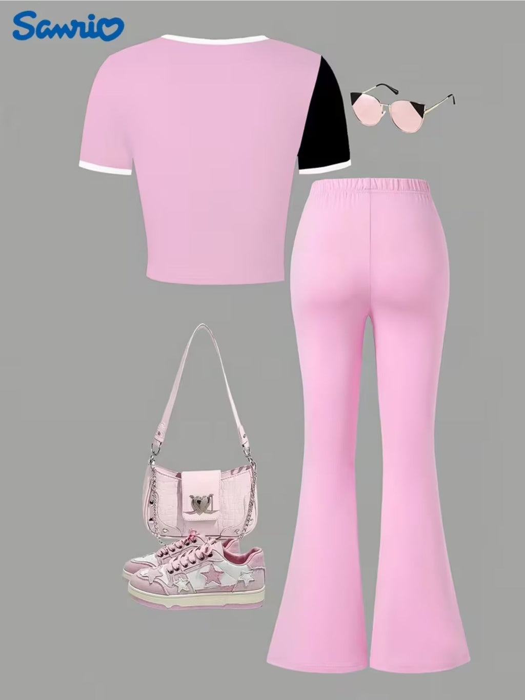 Girls' Hello Kitty T-Shirt and Flare Pants Set in Pink and Black with Short Sleeves for Everyday Outfits