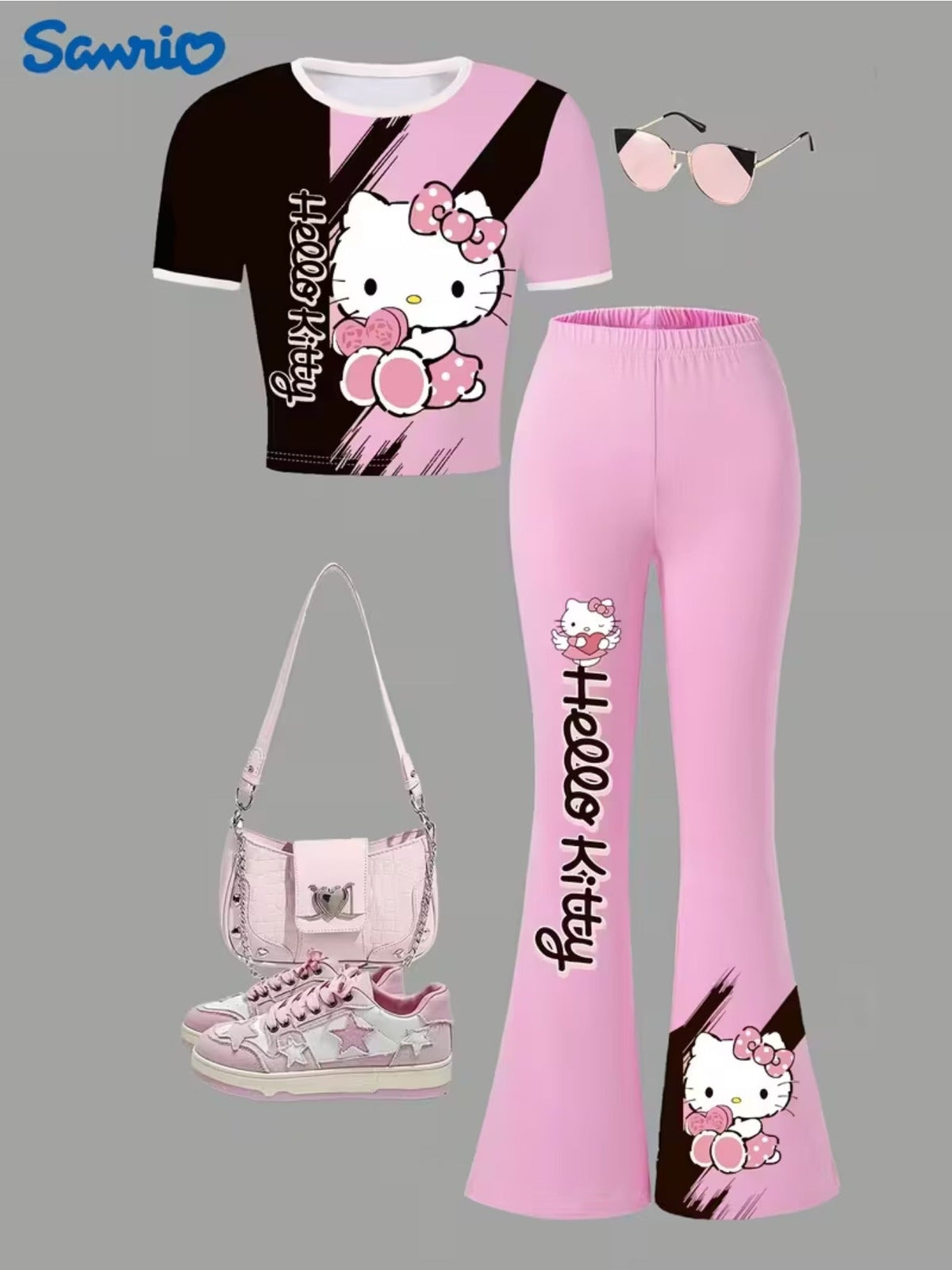Girls' Hello Kitty T-Shirt and Flare Pants Set in Pink and Black with Short Sleeves for Everyday Outfits